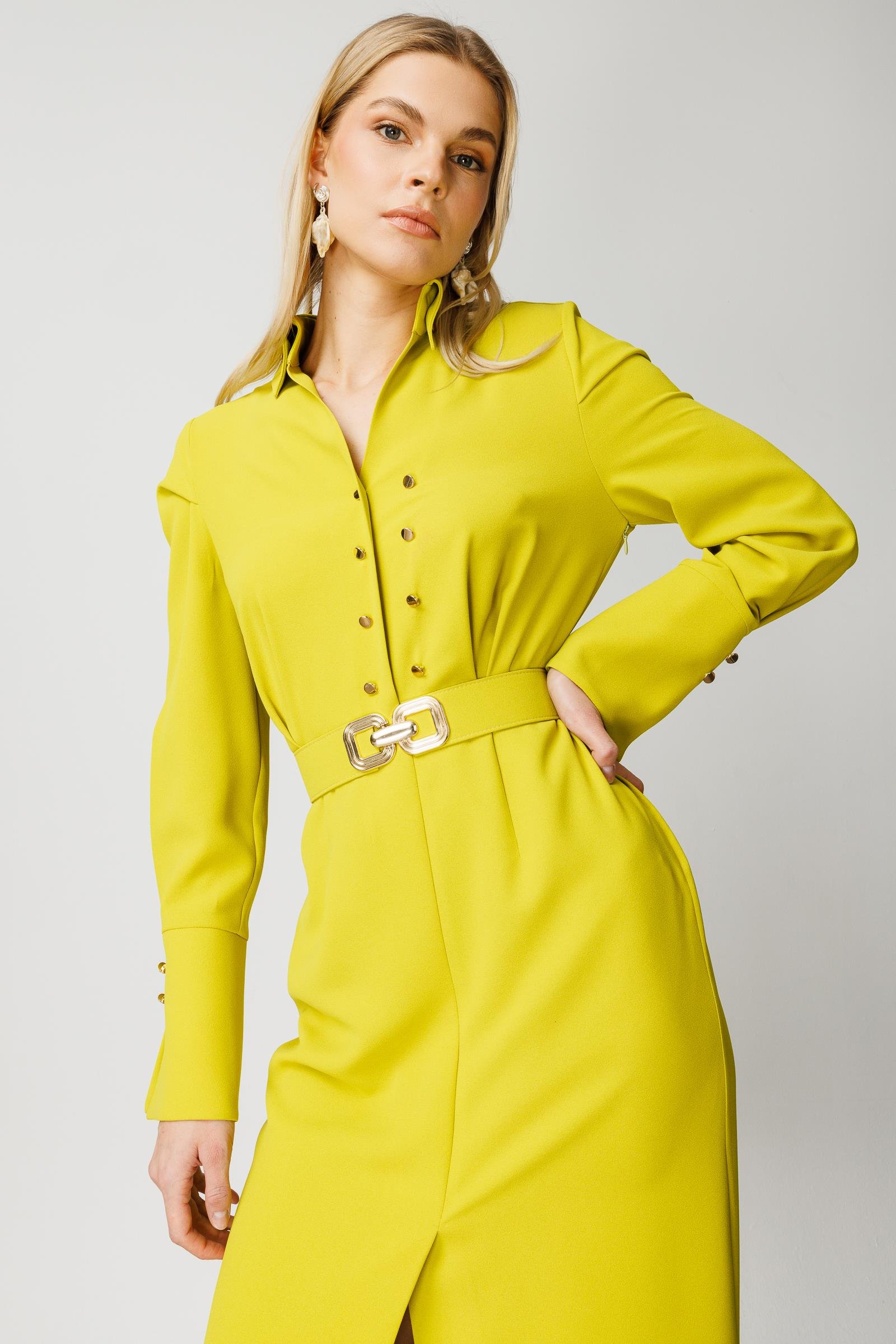 Modailgi  Gömlek Yakalı Önden Yırtmaçlı Midi Boy Elbise Asit