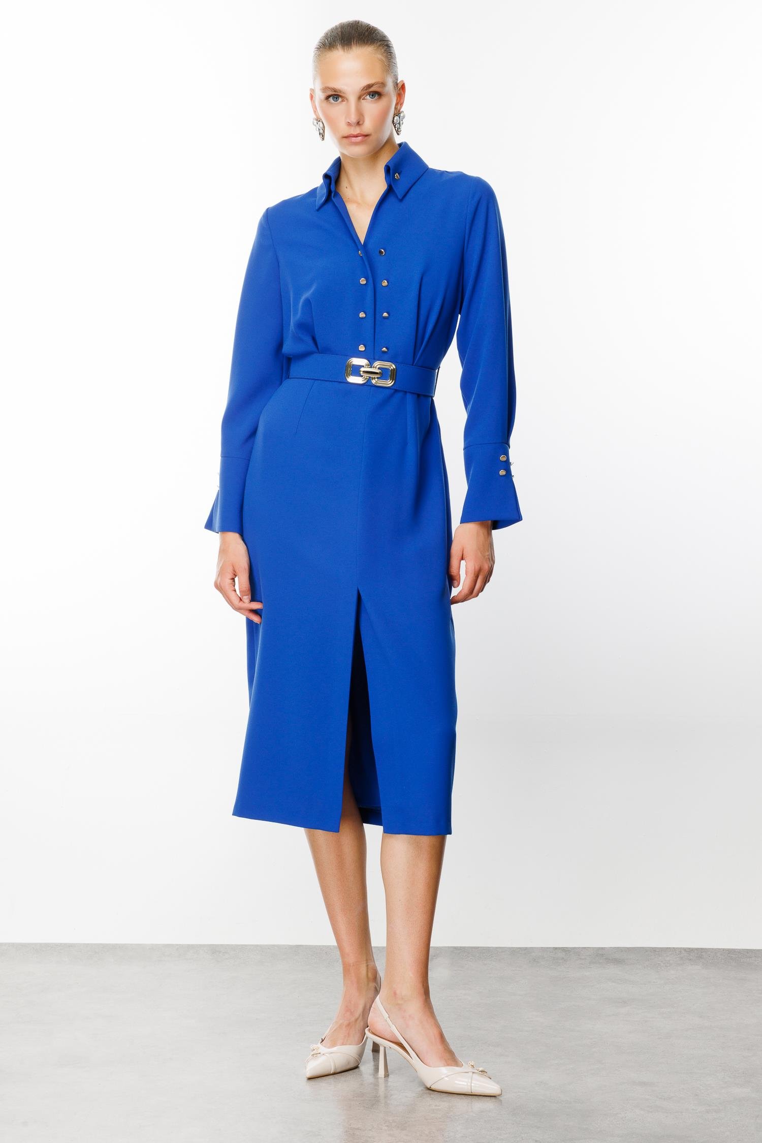 Modailgi  Gömlek Yakalı Önden Yırtmaçlı Midi Boy Elbise Saks