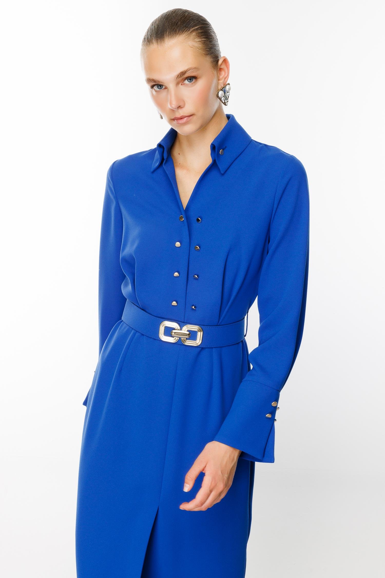 Modailgi  Gömlek Yakalı Önden Yırtmaçlı Midi Boy Elbise Saks