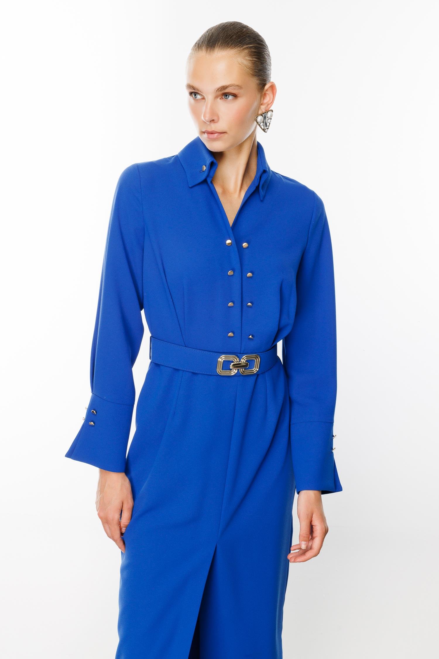 Modailgi  Gömlek Yakalı Önden Yırtmaçlı Midi Boy Elbise Saks