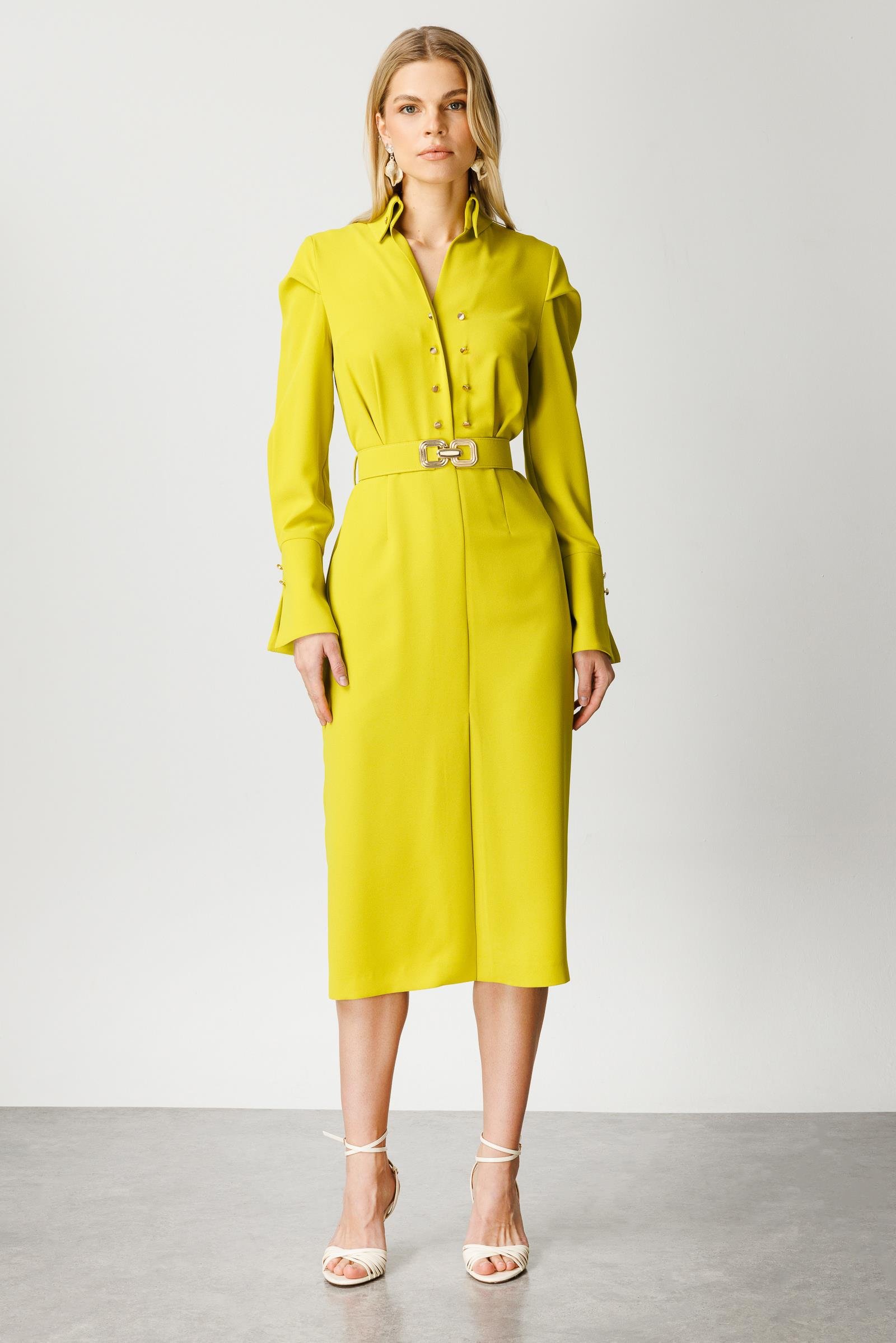 Modailgi  Gömlek Yakalı Önden Yırtmaçlı Midi Boy Elbise Asit