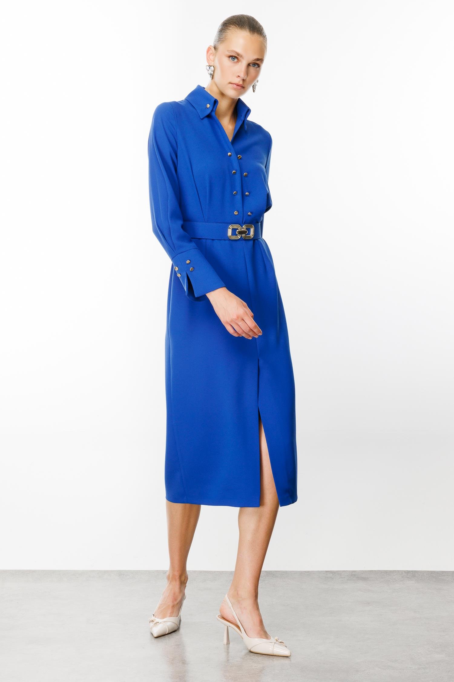 Modailgi  Gömlek Yakalı Önden Yırtmaçlı Midi Boy Elbise Saks