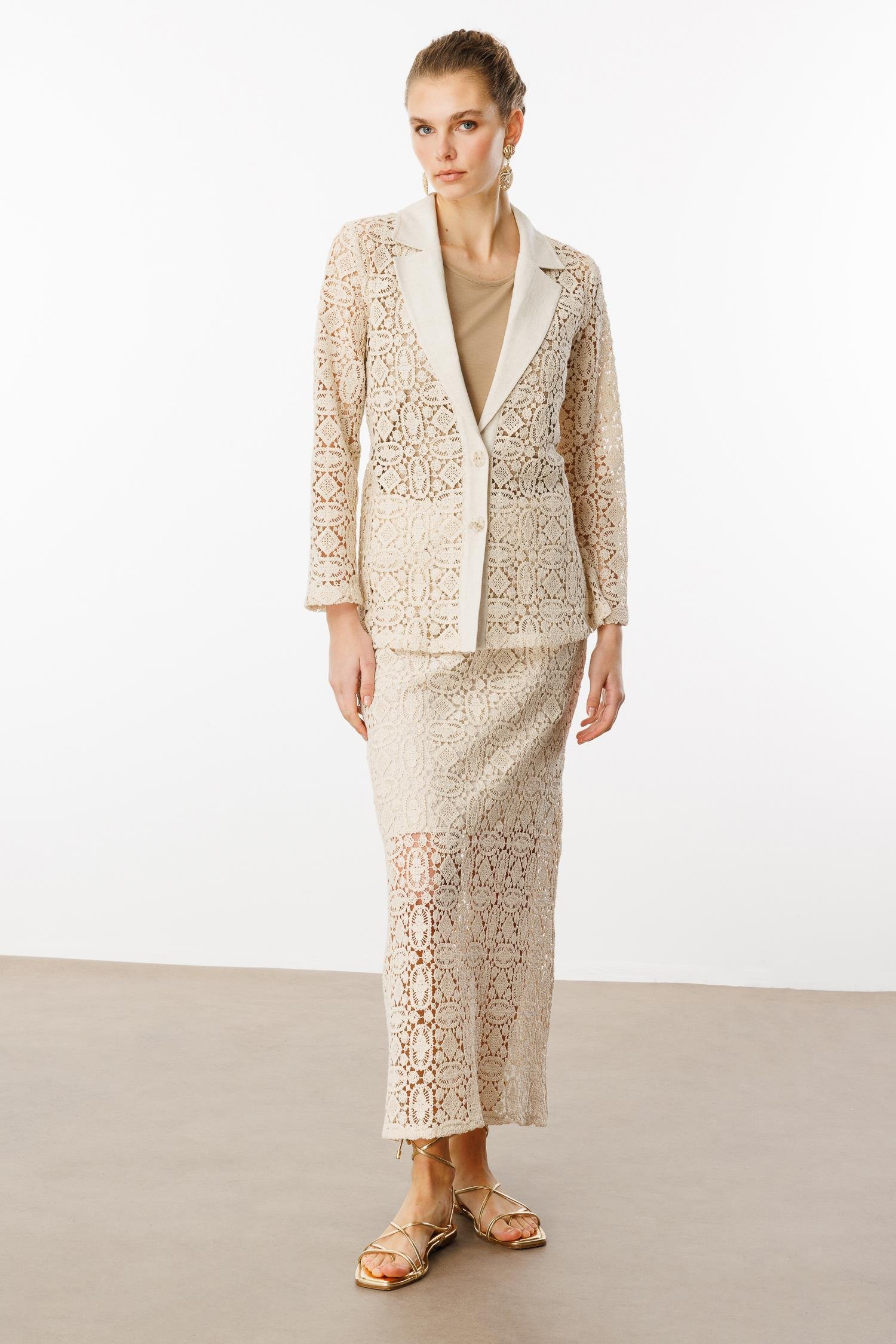 Modailgi  Güpür Dantelli Mono Yaka Düz Keten Mix Detaylı Belden Kuşaklı Tunik Orijinal