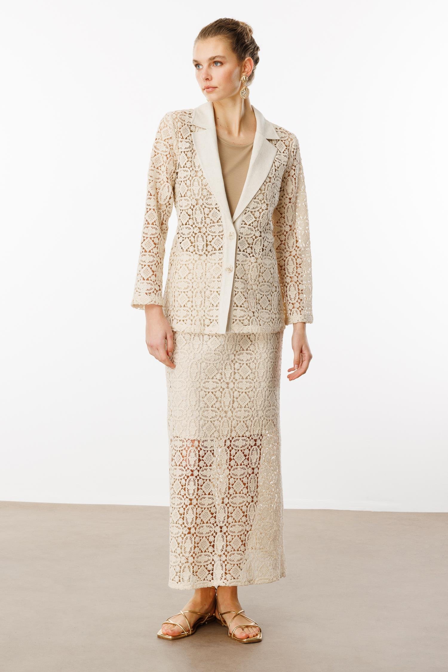 Modailgi  Güpür Dantelli Mono Yaka Düz Keten Mix Detaylı Belden Kuşaklı Tunik Orijinal