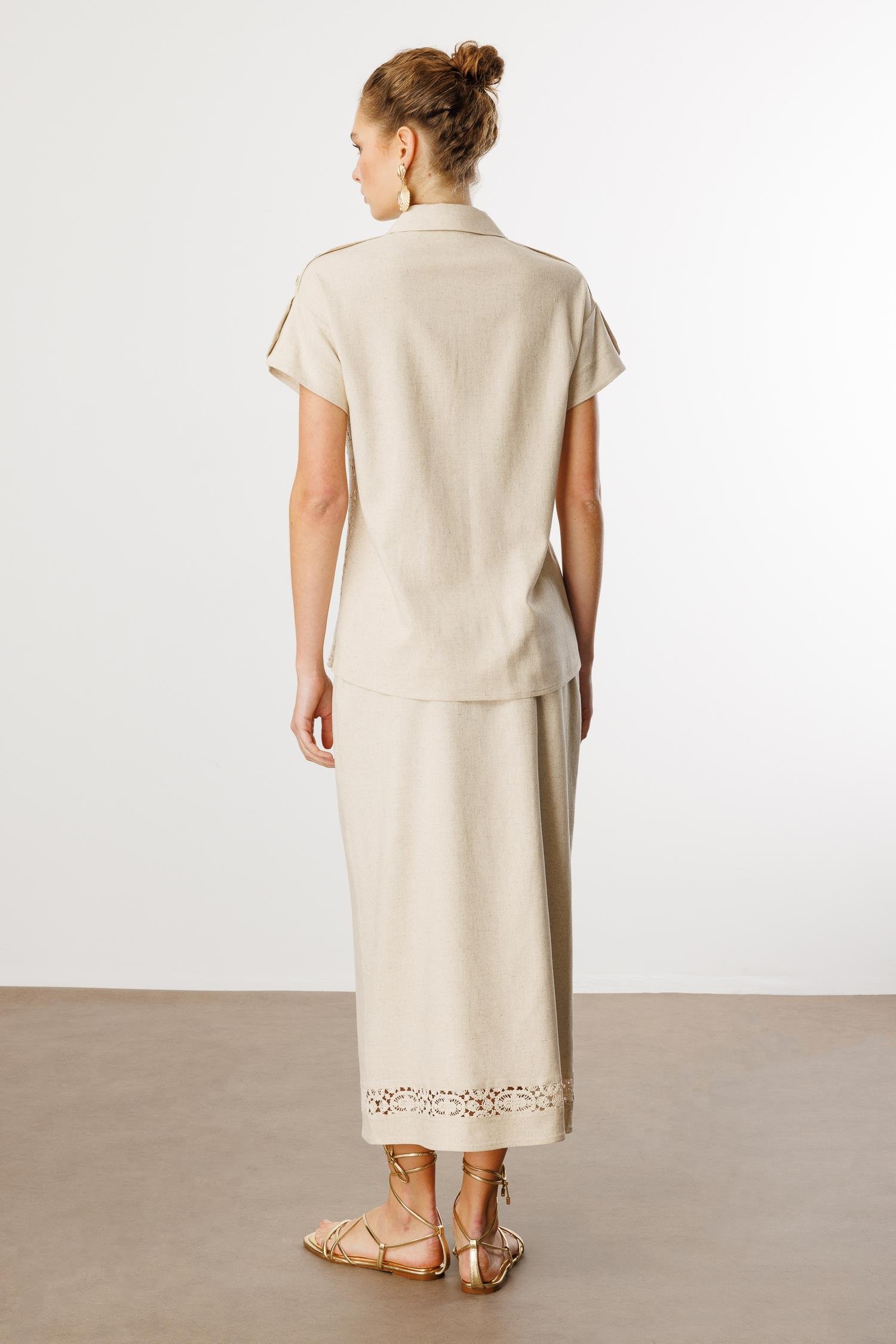 Modailgi  Güpür Kumaş Mix Detaylı Düşük Kollu Cepli Rahat Kesim Gömlek Orijinal