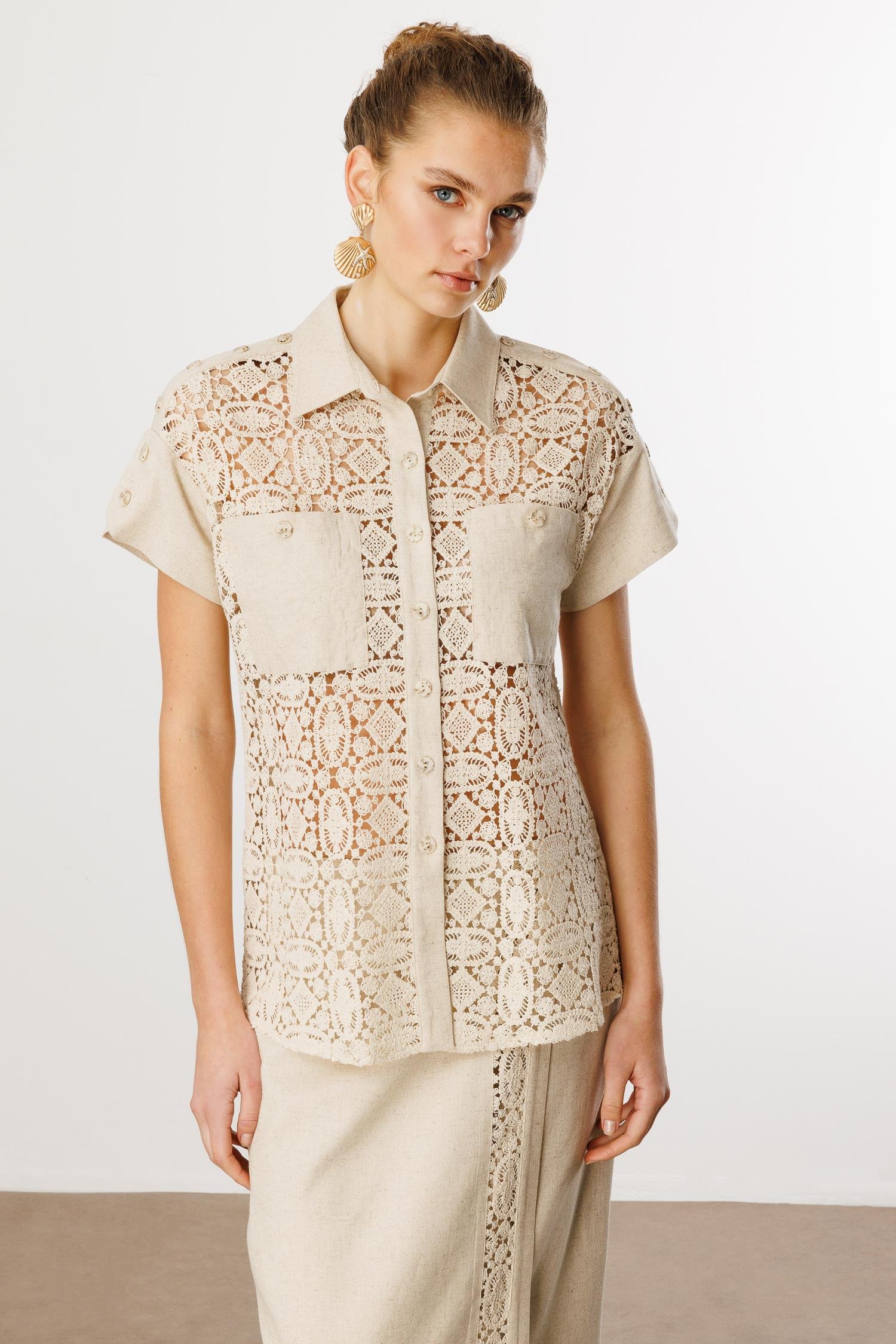 Modailgi  Güpür Kumaş Mix Detaylı Düşük Kollu Cepli Rahat Kesim Gömlek Orijinal