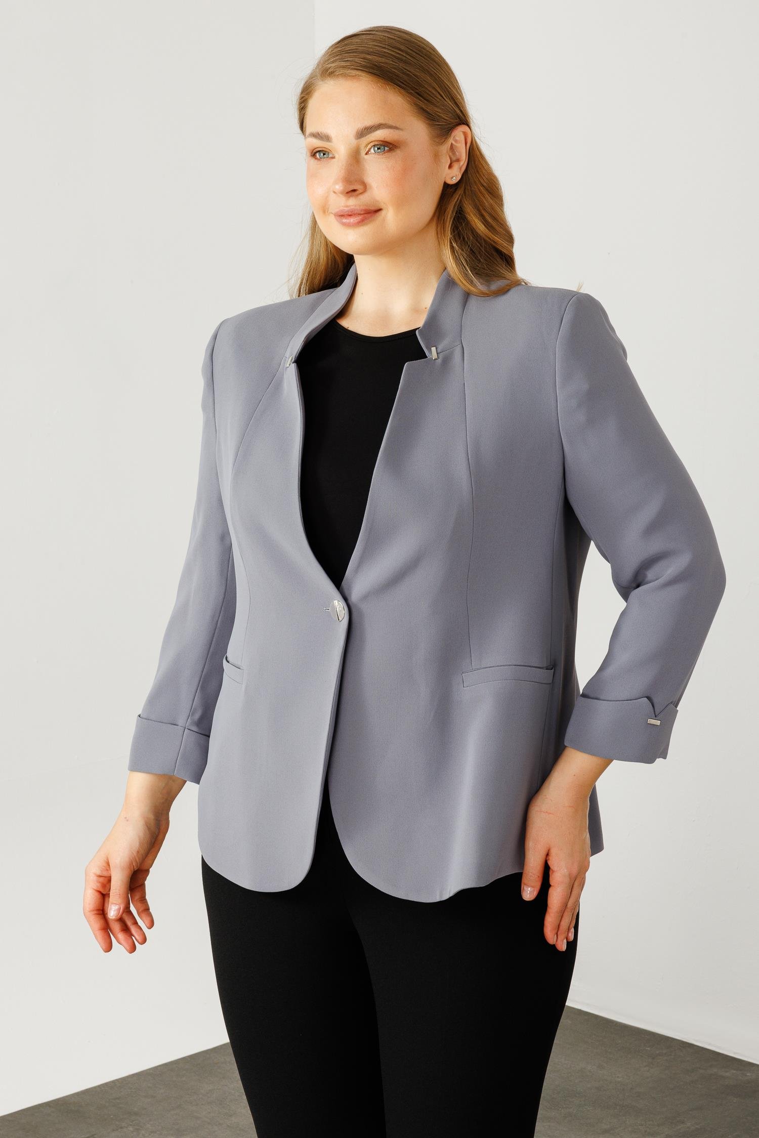 Modailgi  Hakim Yaka Tek Düğme Ceket Gri
