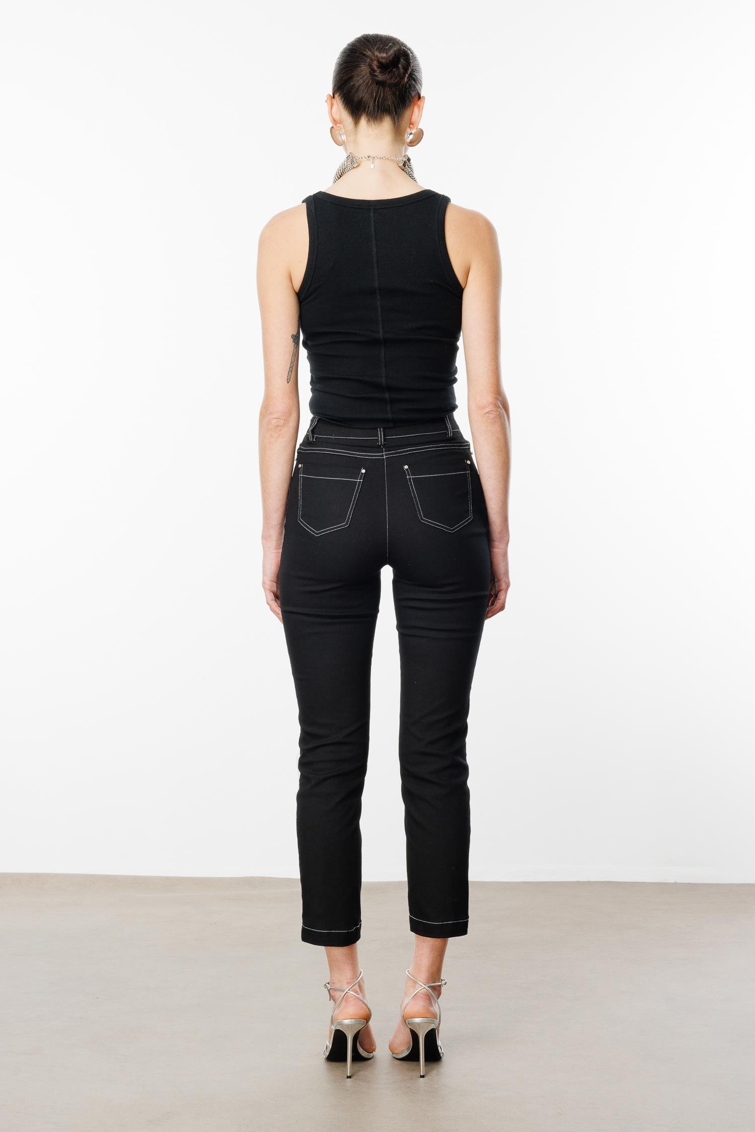 Modailgi  İç Kemeri Lastikli Spor Dikişli Bilek Boy Pantolon - 75202 Siyah