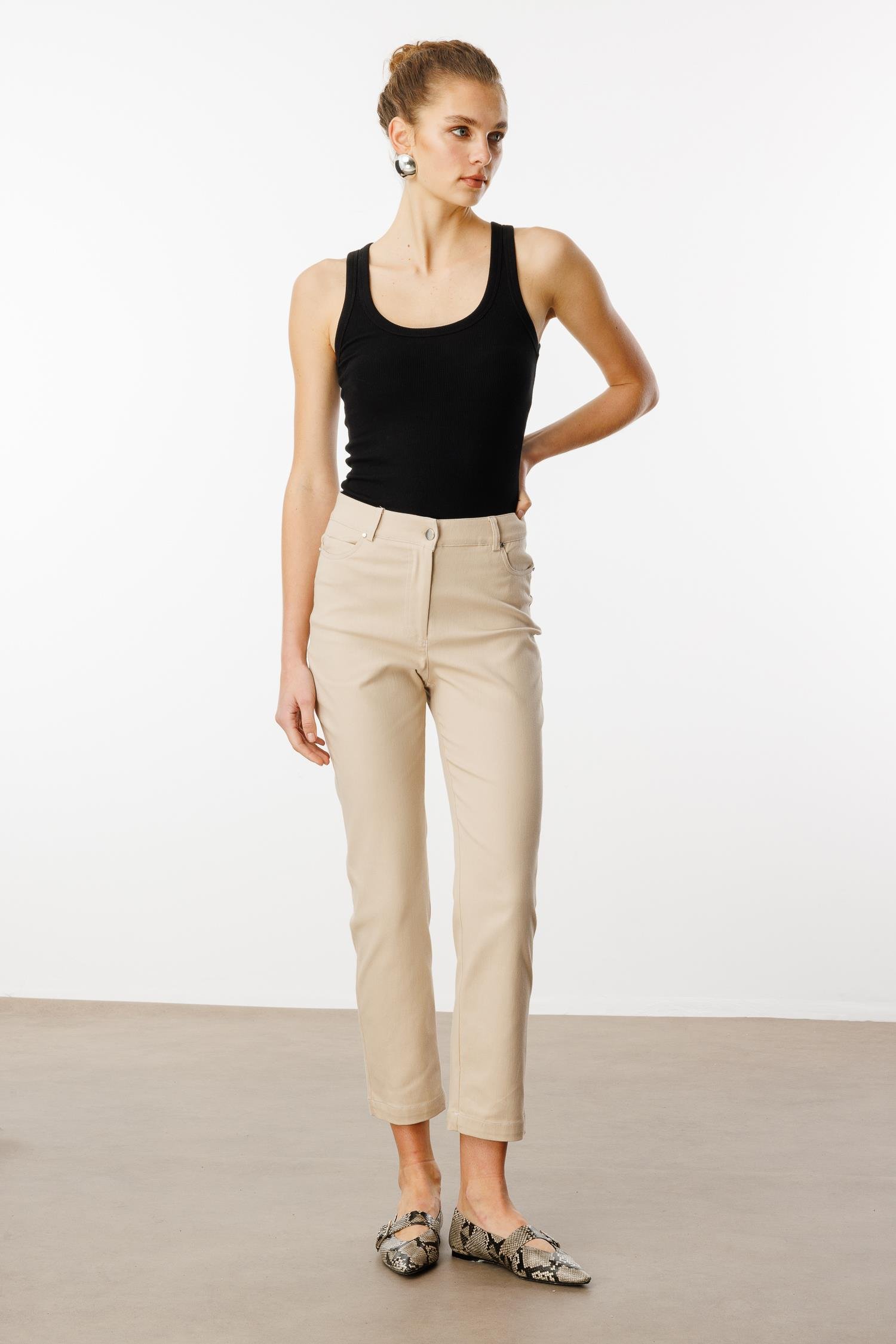 Modailgi  İç Kemeri Lastikli Spor Dikişli Bilek Boy Pantolon - 75202 Taş