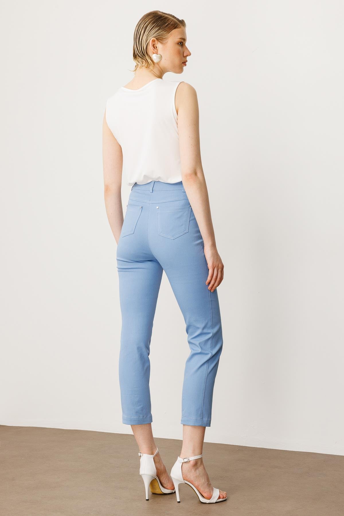 Modailgi  İç Kemeri Lastikli Spor Dikişli Bilek Boy Pantolon - 75202 Mavi