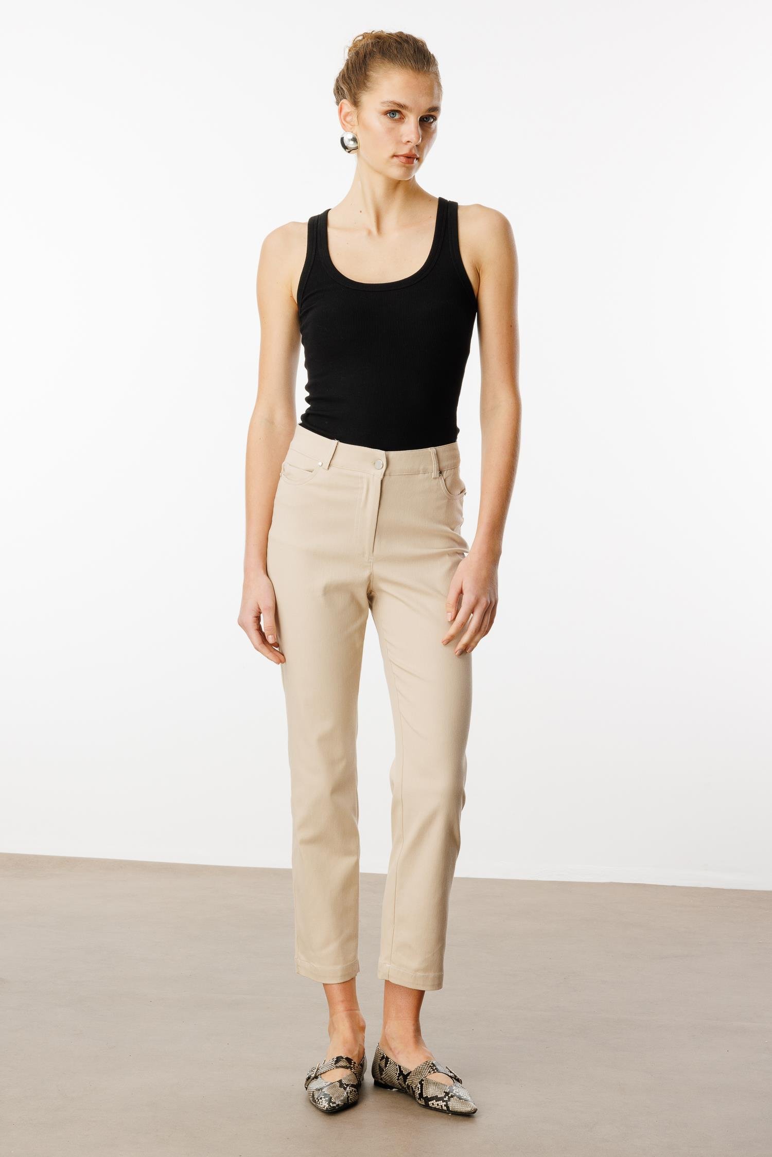 Modailgi  İç Kemeri Lastikli Spor Dikişli Bilek Boy Pantolon - 75202 Taş