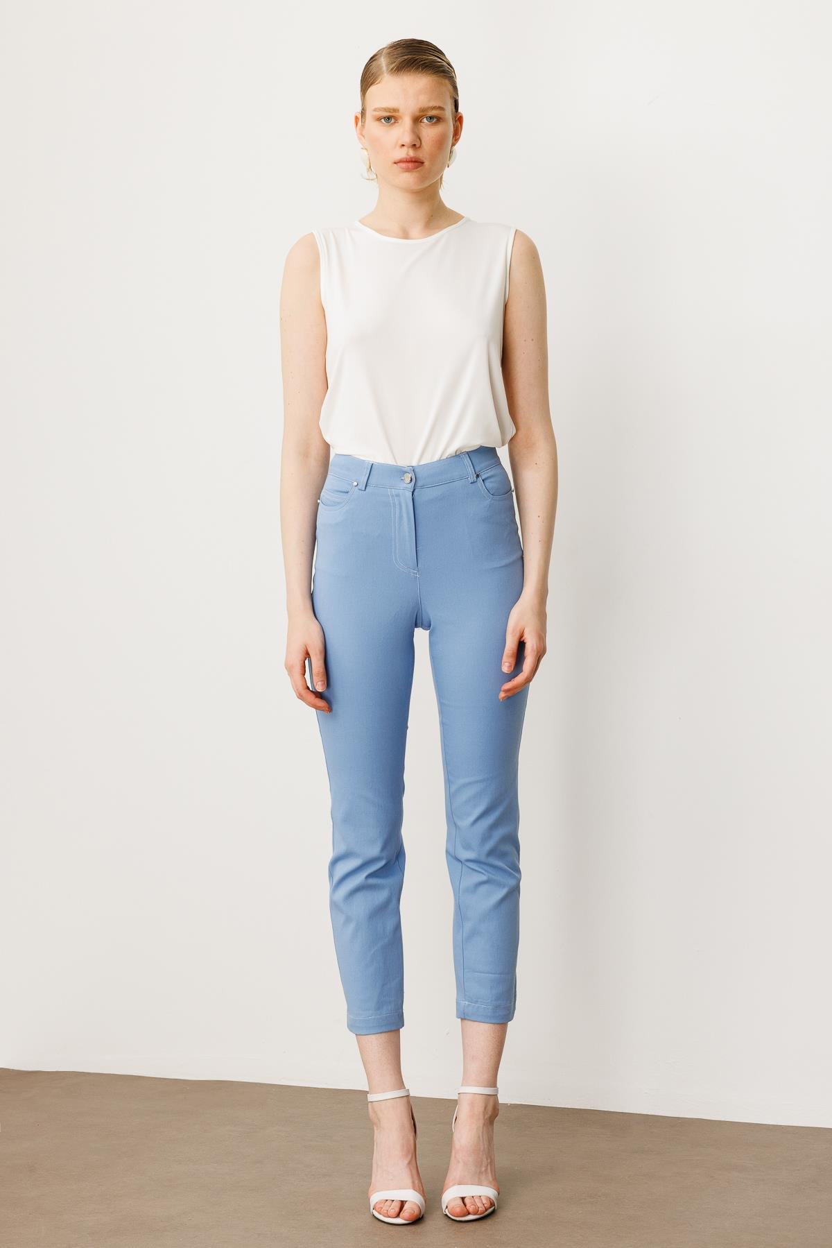 Modailgi  İç Kemeri Lastikli Spor Dikişli Bilek Boy Pantolon - 75202 Mavi