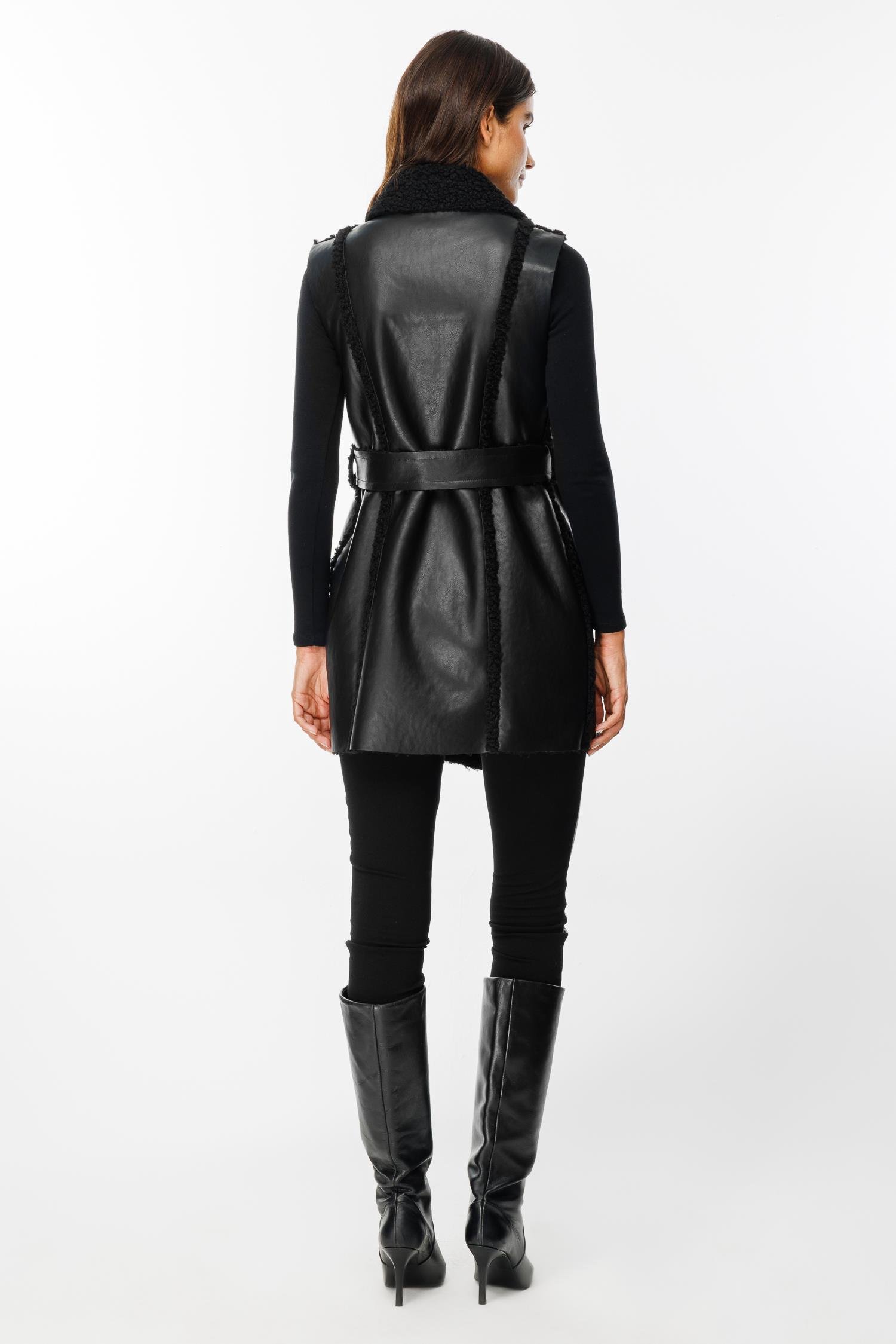 Modailgi  İçi Peluşlu Kemerli Deri Yelek Siyah