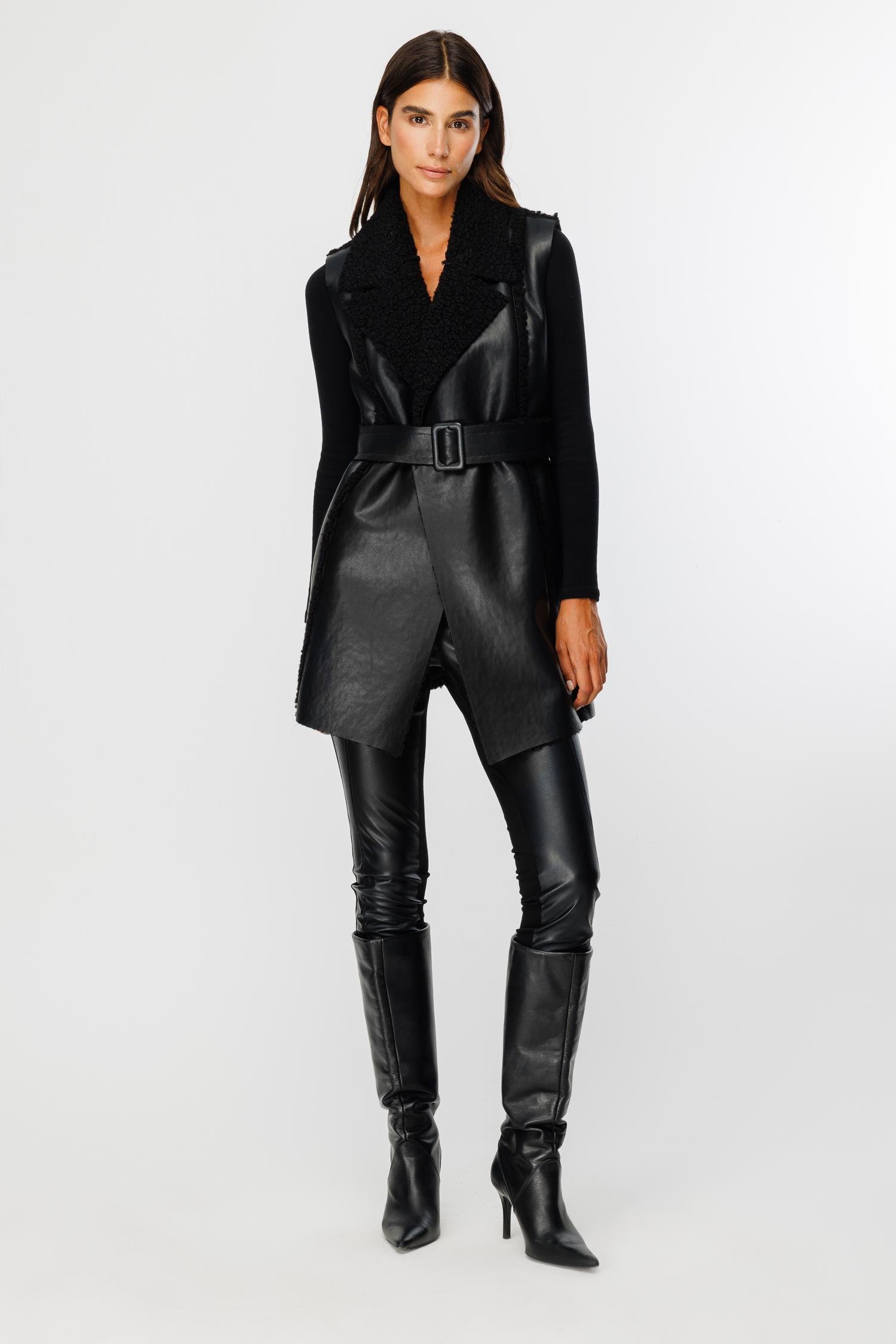 Modailgi  İçi Peluşlu Kemerli Deri Yelek Siyah