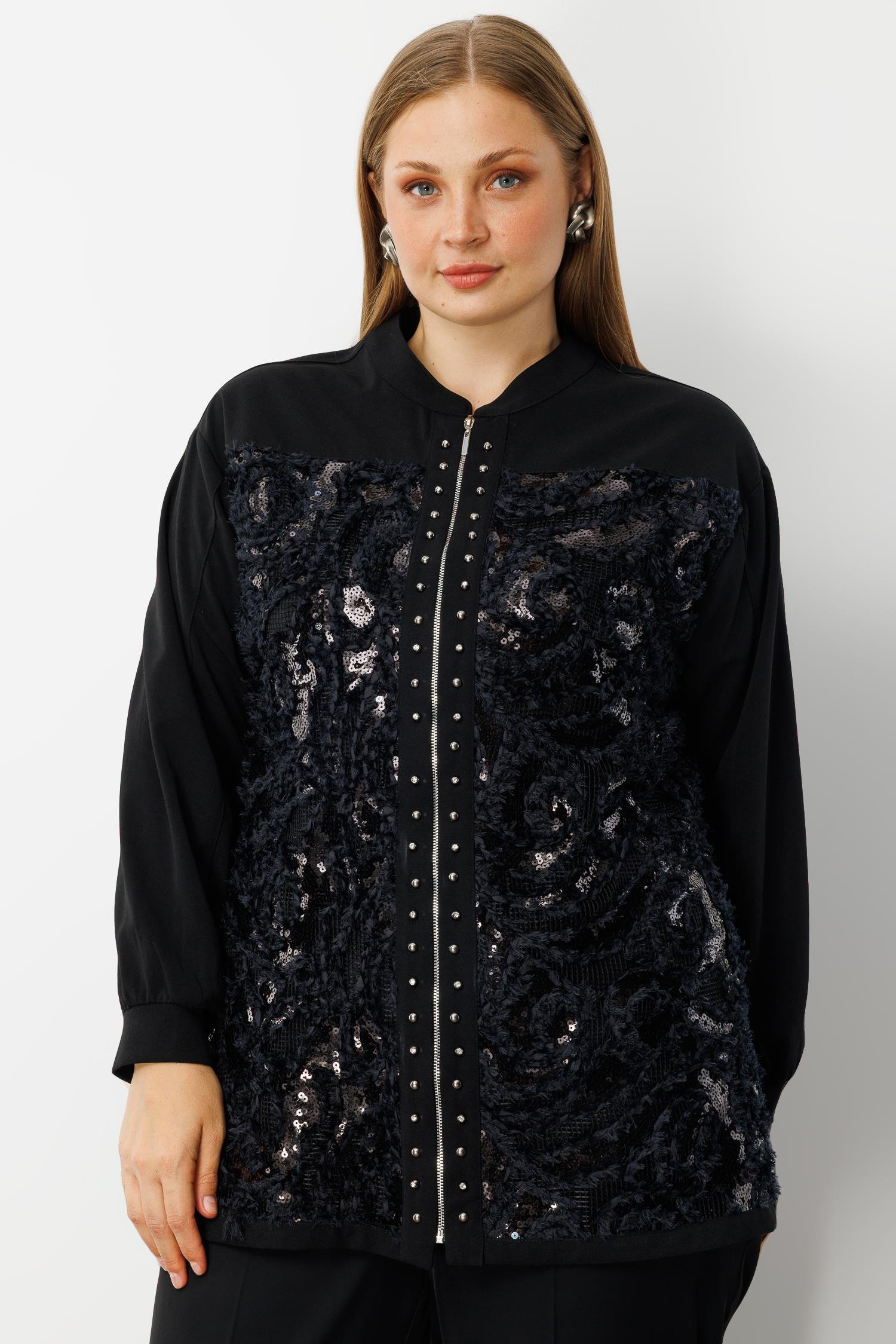 Modailgi  İnci Detaylı Güpürlü Fermuarlı Tunik Siyah
