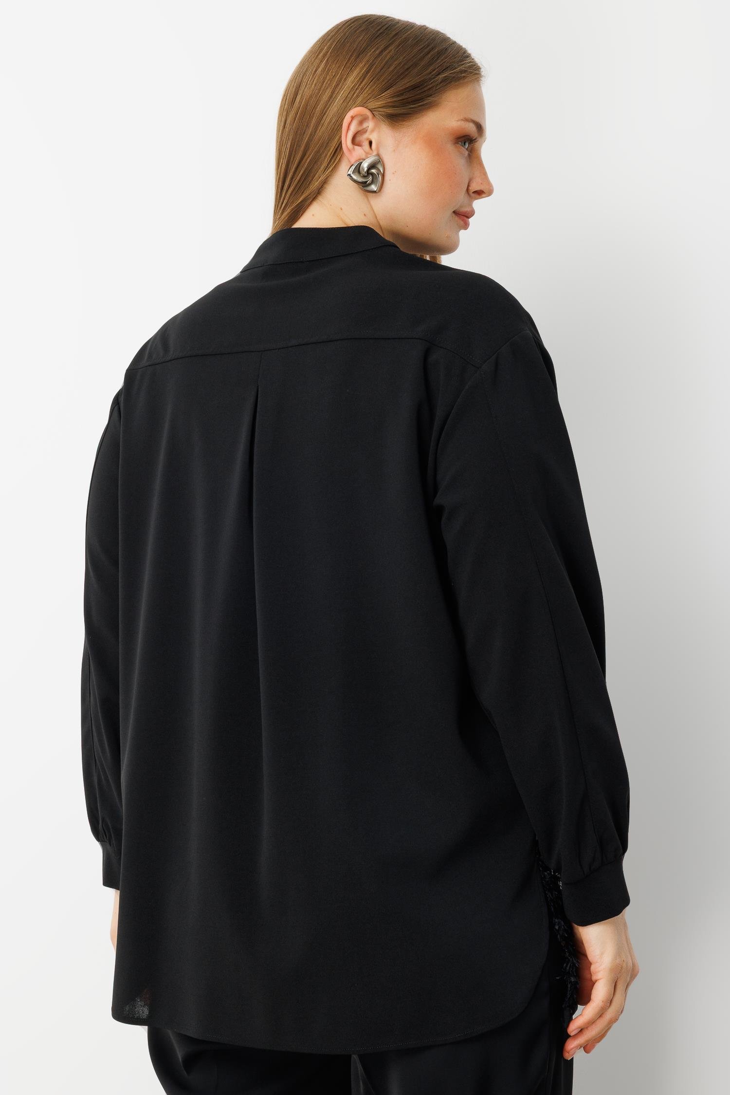 Modailgi  İnci Detaylı Güpürlü Fermuarlı Tunik Siyah