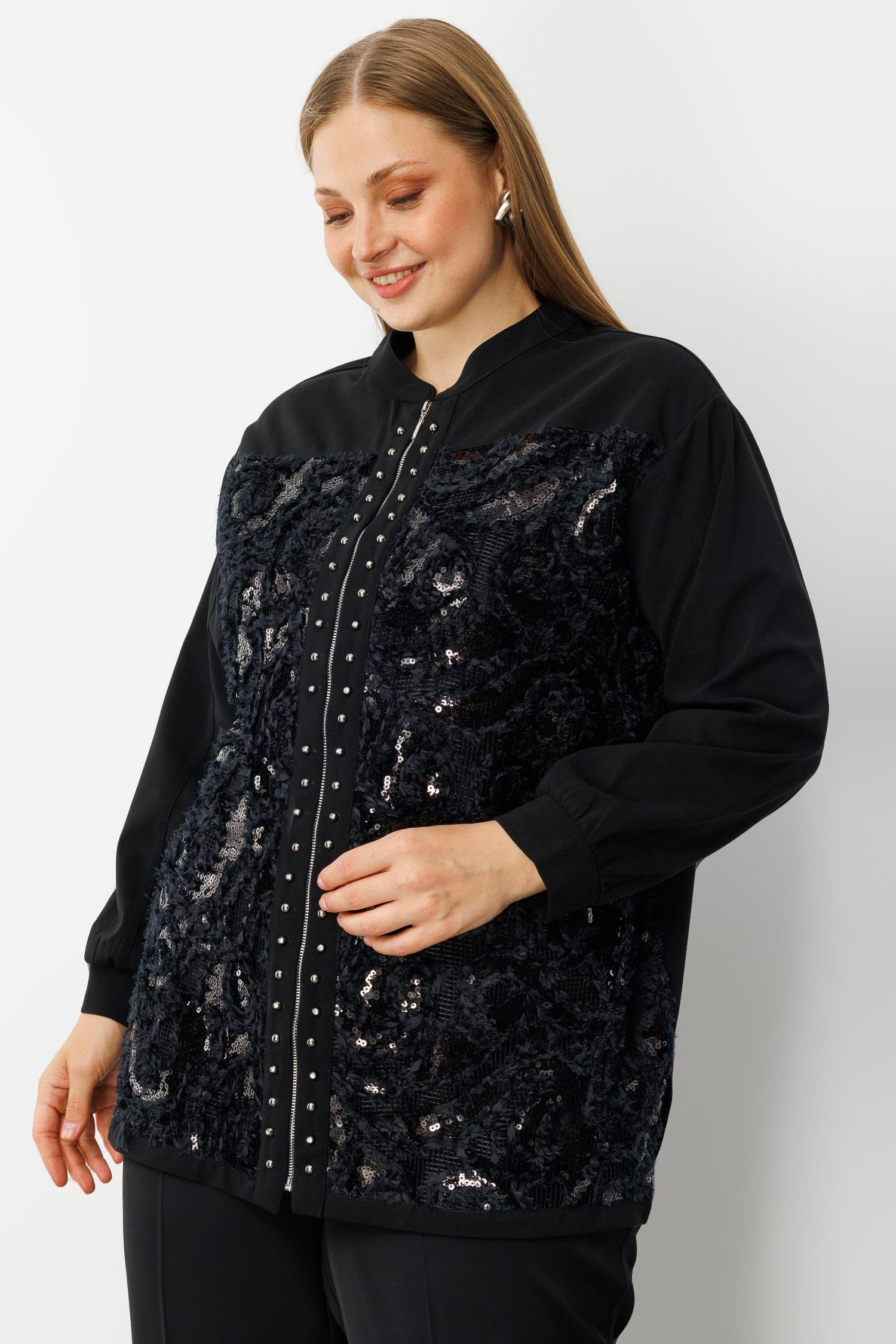 Modailgi  İnci Detaylı Güpürlü Fermuarlı Tunik Siyah
