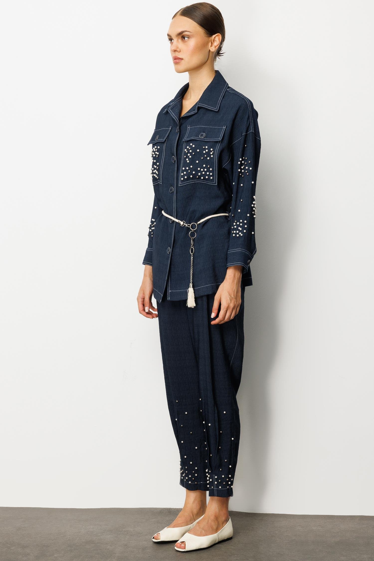 Modailgi  İnci Detaylı Kuşaklı Oversize Tunik Lacivert