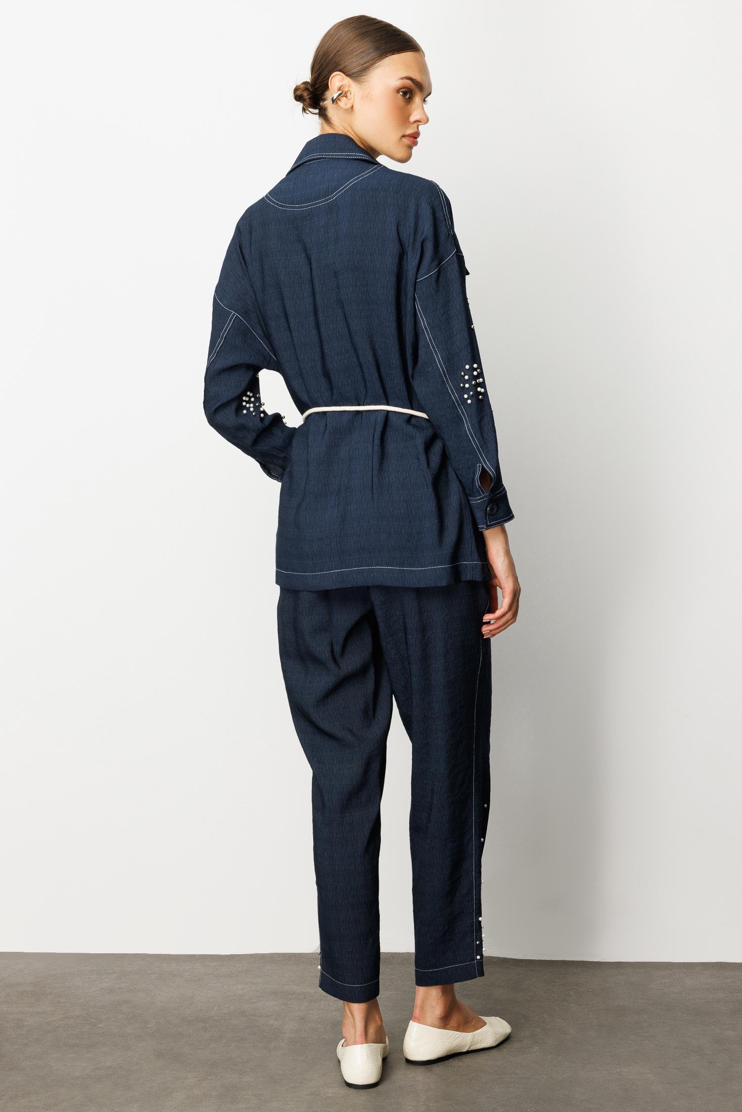 Modailgi  İnci Detaylı Kuşaklı Oversize Tunik Lacivert