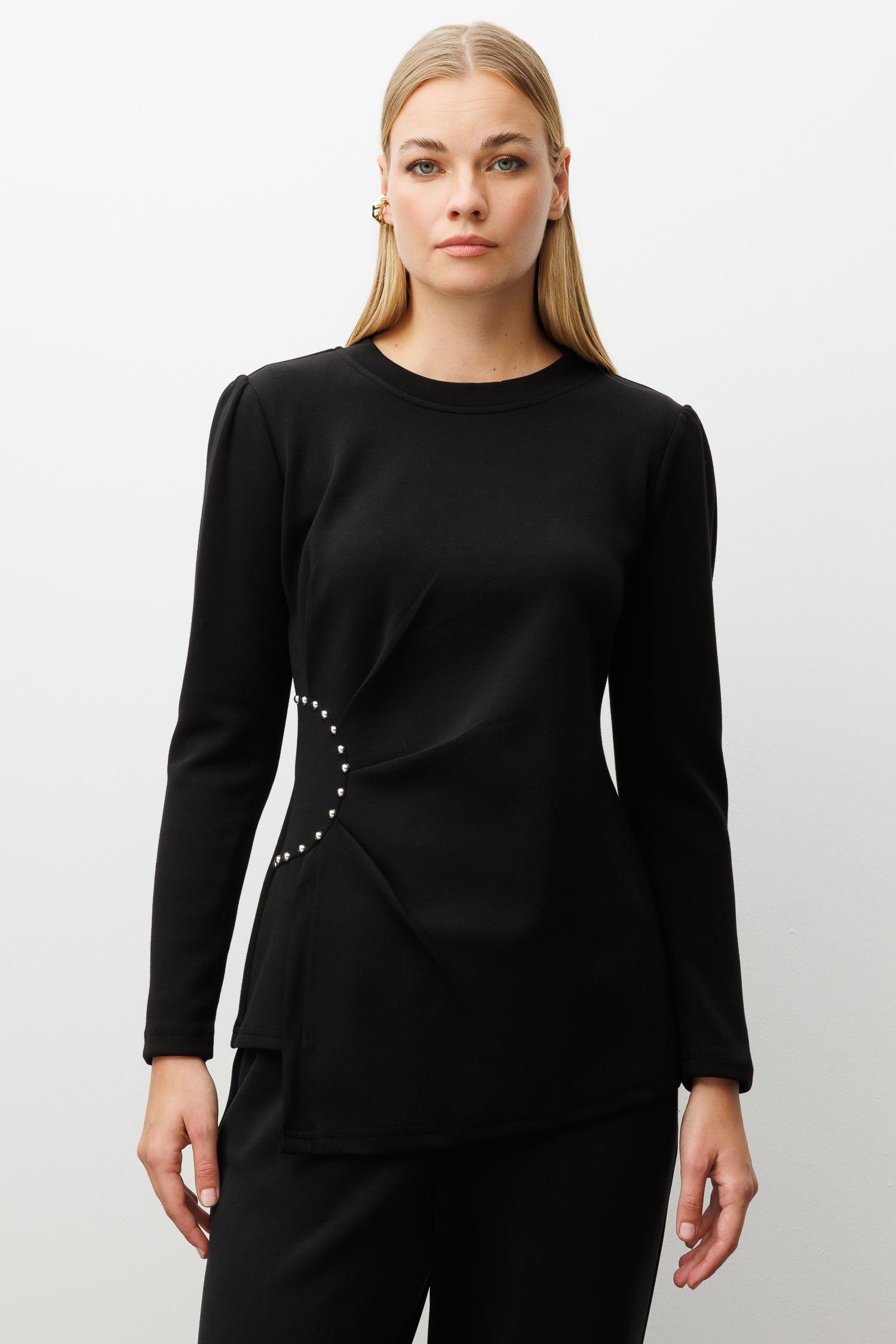 Modailgi  İnci Detaylı Pileli Sıfır Yaka Örme Bluz Siyah