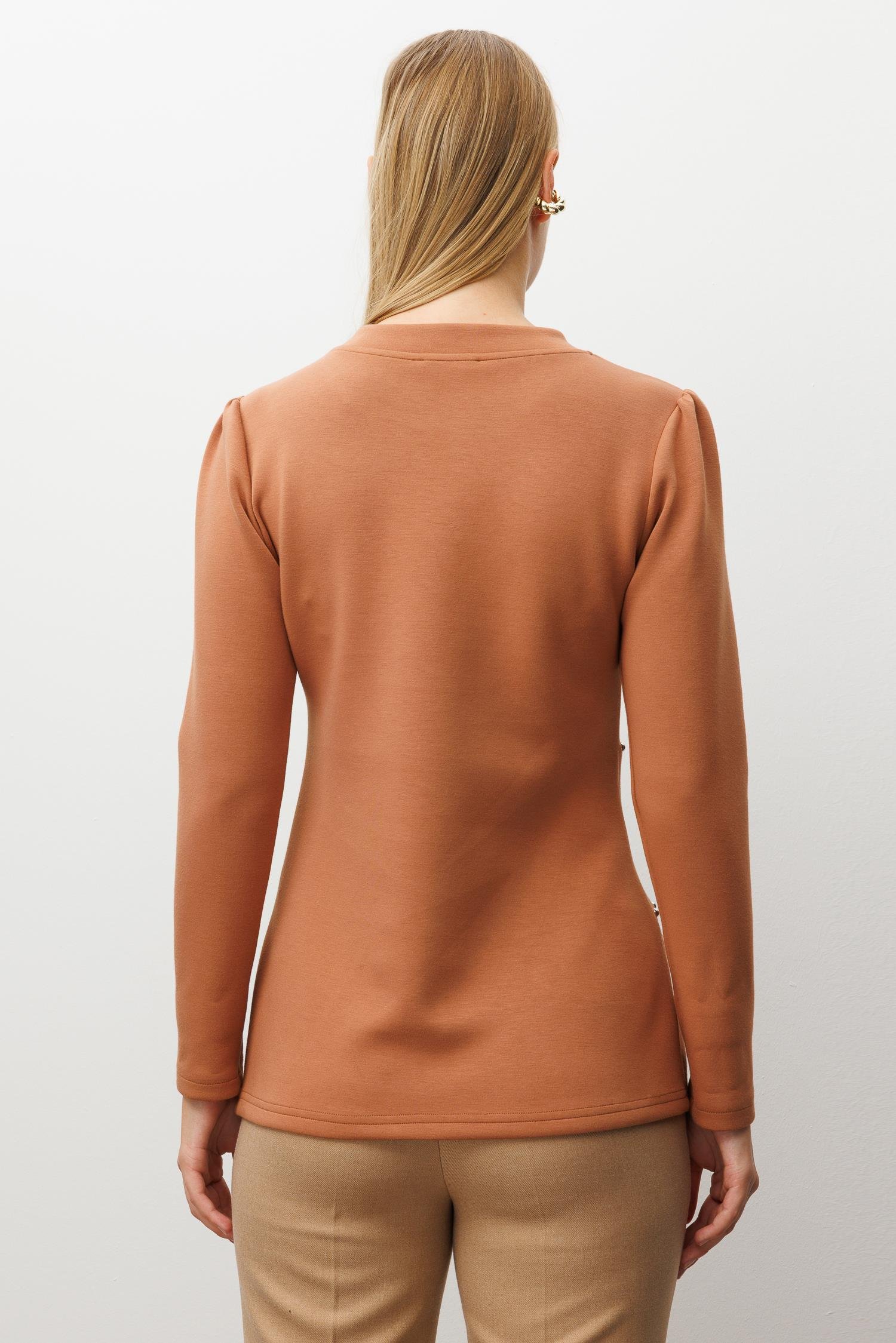 Modailgi  İnci Detaylı Pileli Sıfır Yaka Örme Bluz Taba