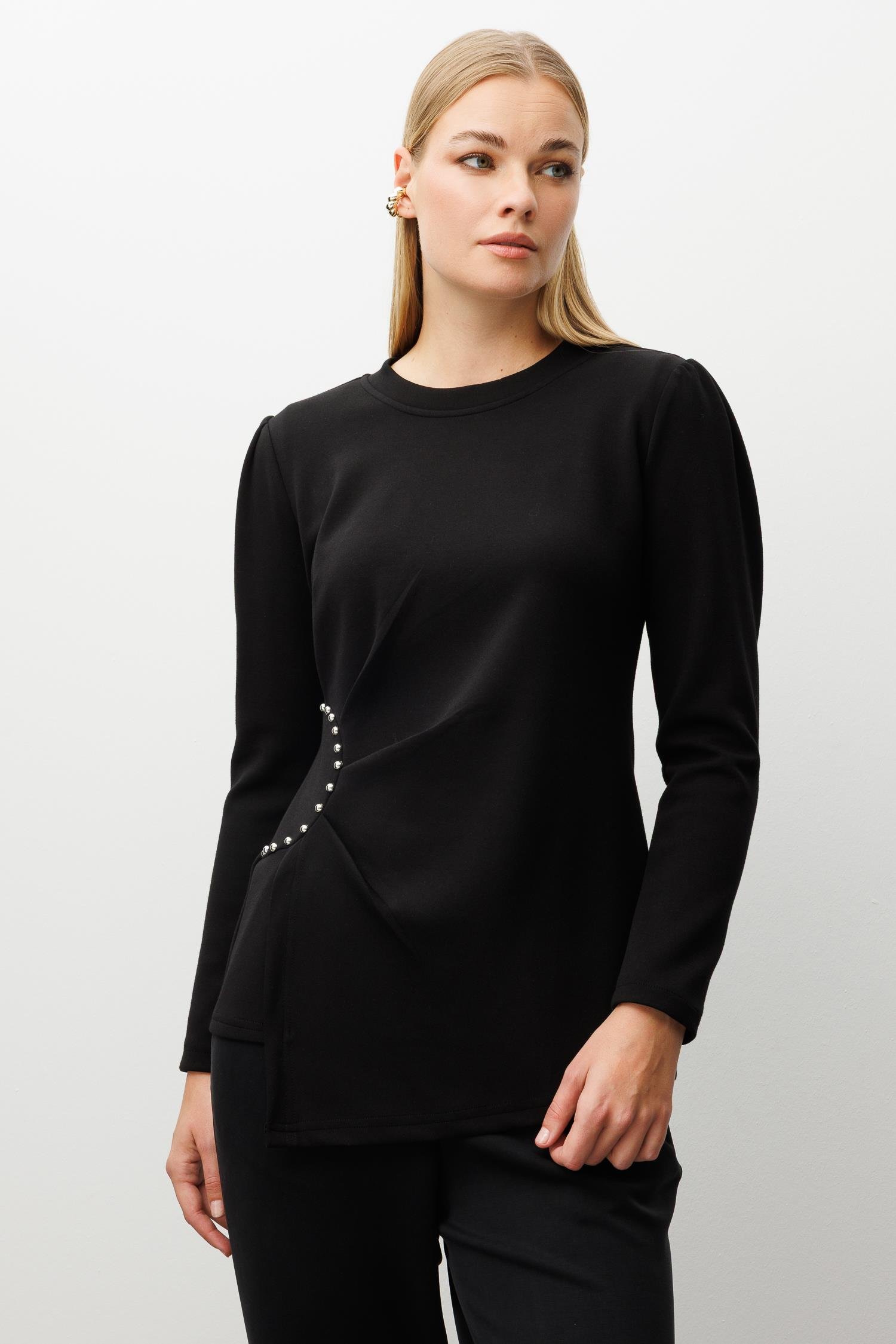 Modailgi  İnci Detaylı Pileli Sıfır Yaka Örme Bluz Siyah