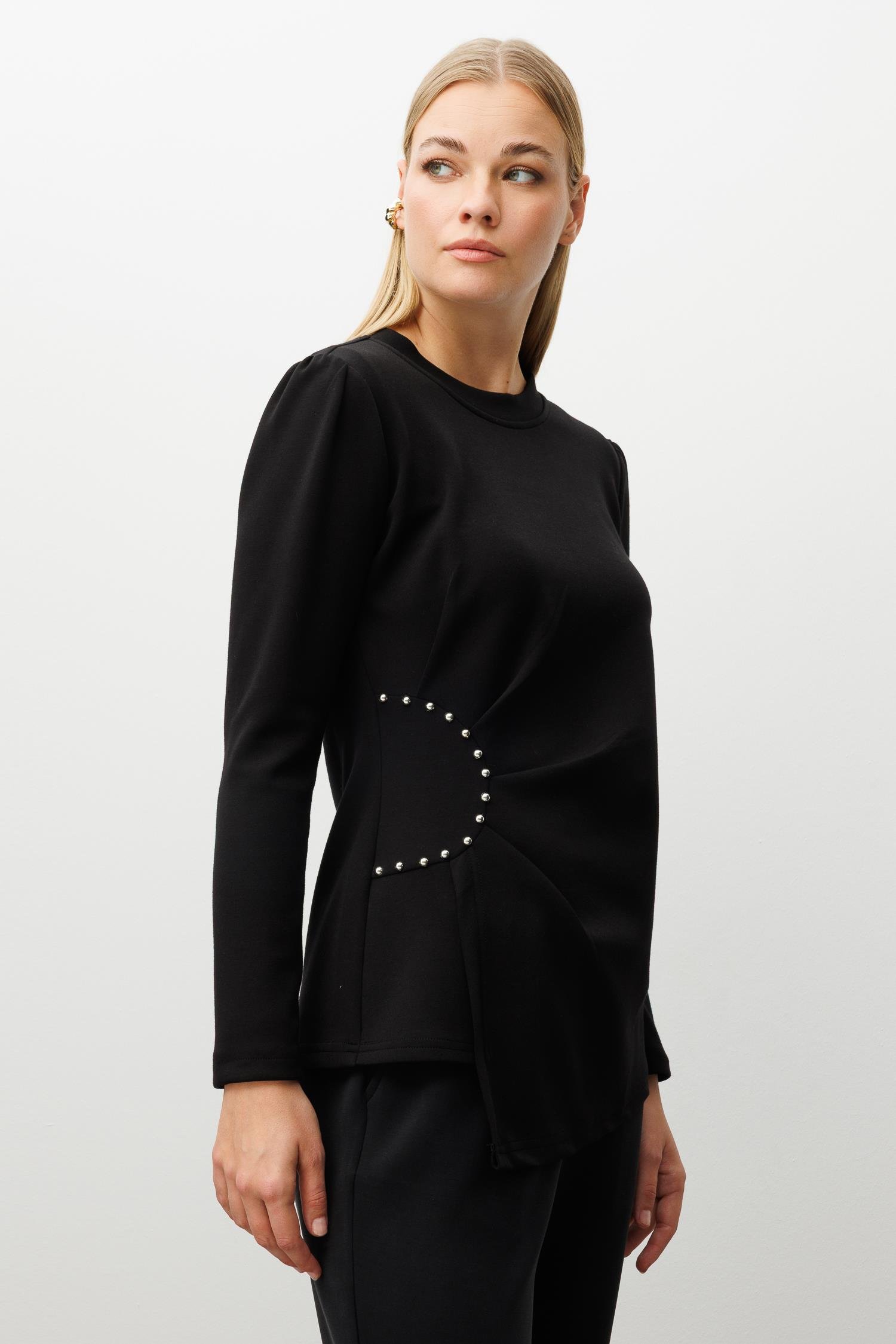 Modailgi  İnci Detaylı Pileli Sıfır Yaka Örme Bluz Siyah