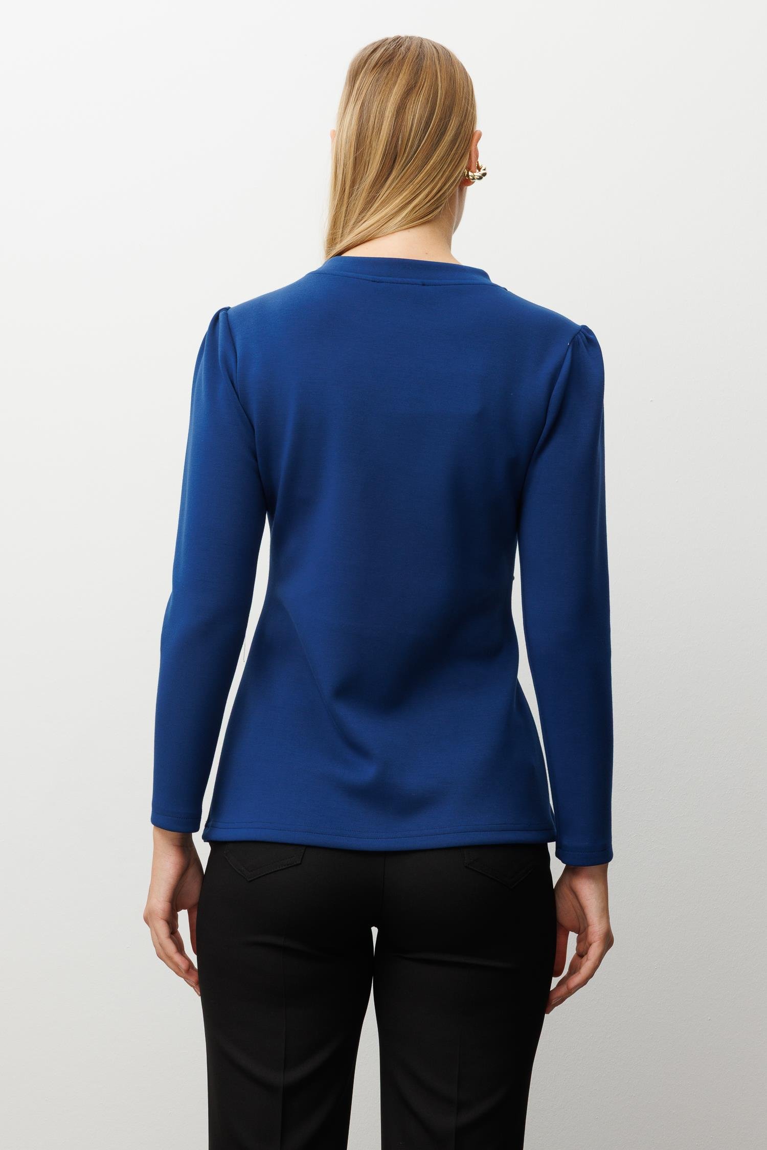 Modailgi  İnci Detaylı Pileli Sıfır Yaka Örme Bluz İndigo