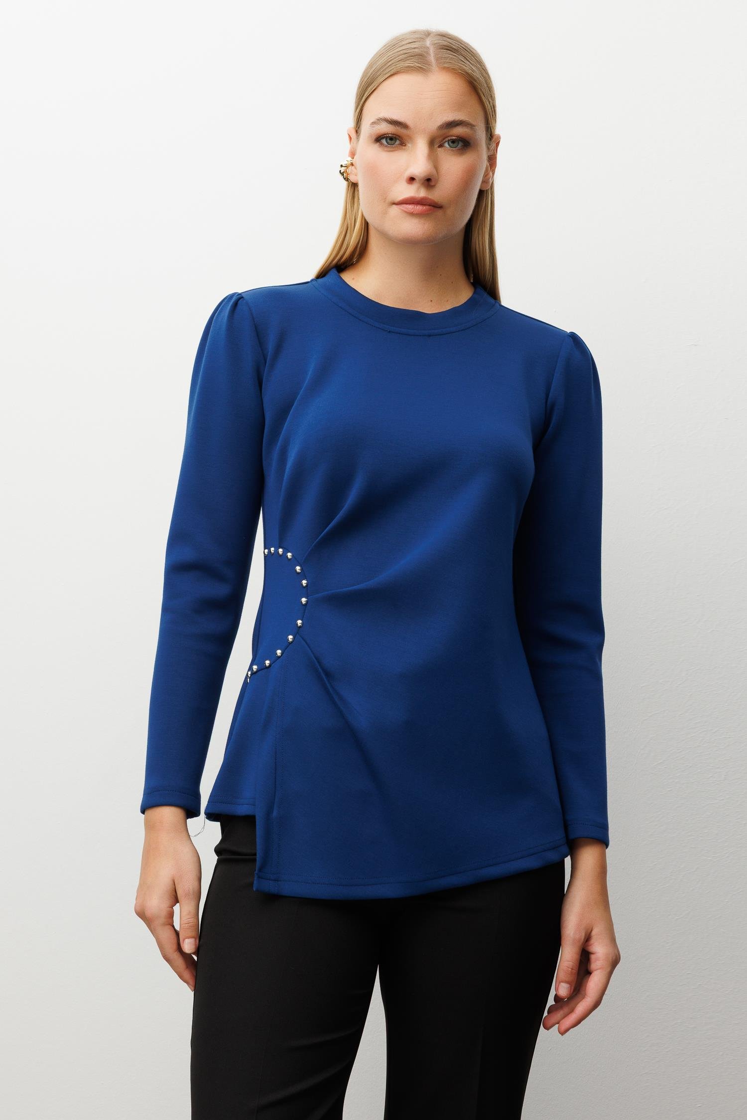 Modailgi  İnci Detaylı Pileli Sıfır Yaka Örme Bluz İndigo