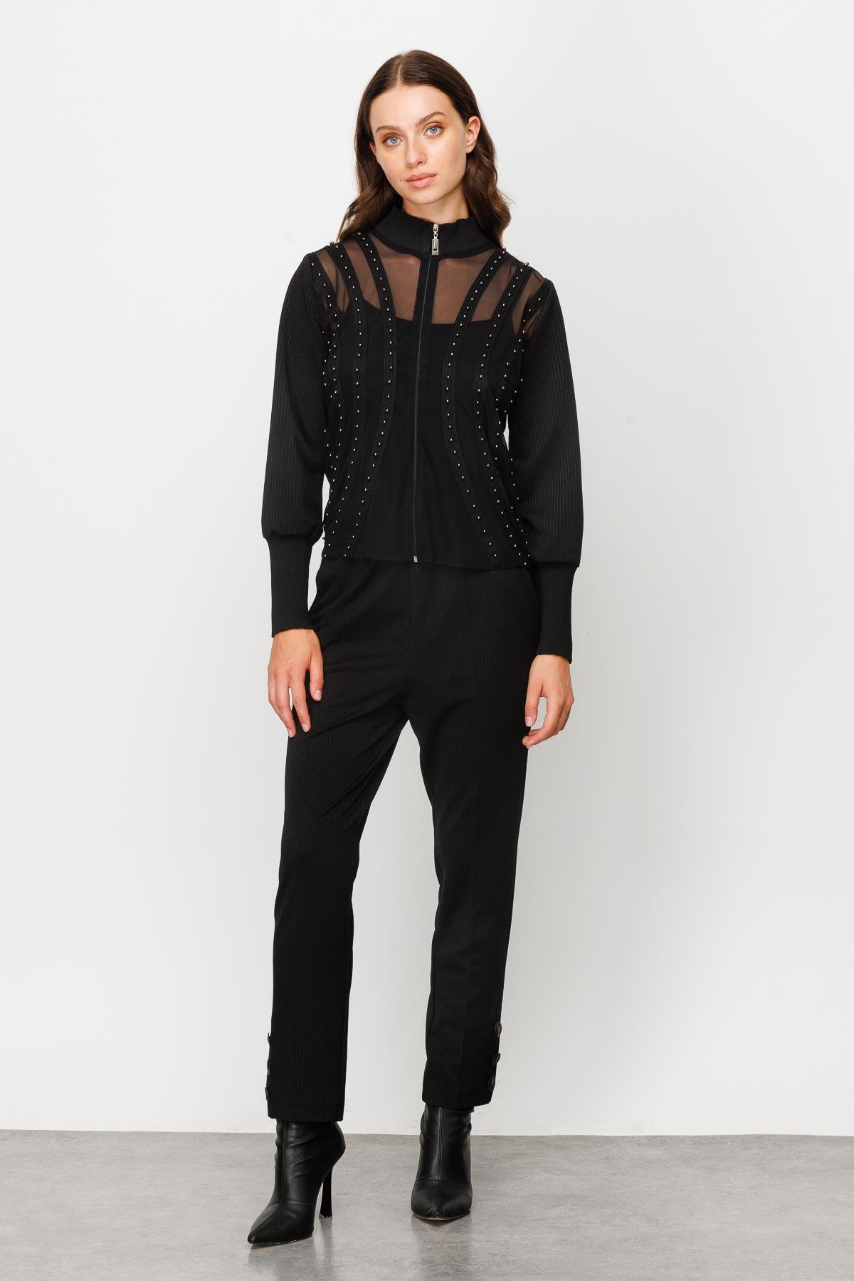 Modailgi  İnci İşlemeli Fermuarlı Örme Bluz Siyah