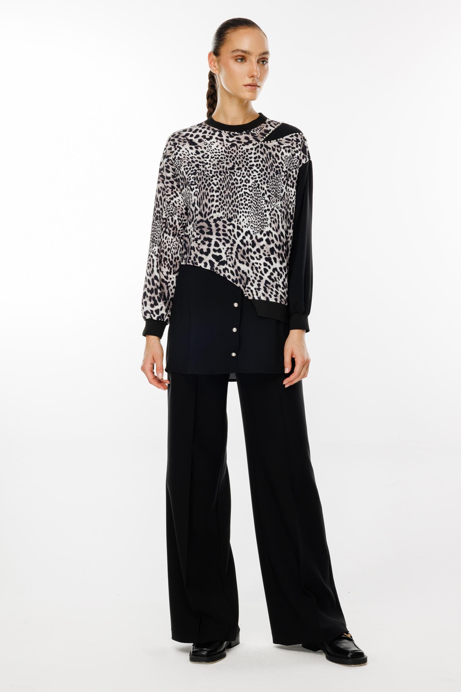 Modailgi  İnci Süslemeli Leopar Desen Tunik Siyah