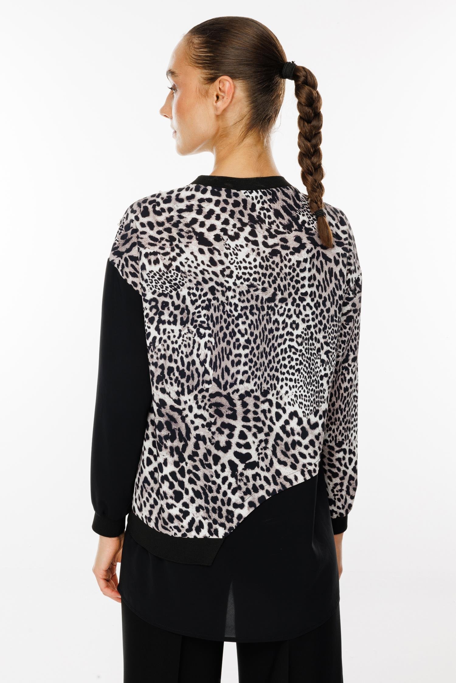 Modailgi  İnci Süslemeli Leopar Desen Tunik Siyah