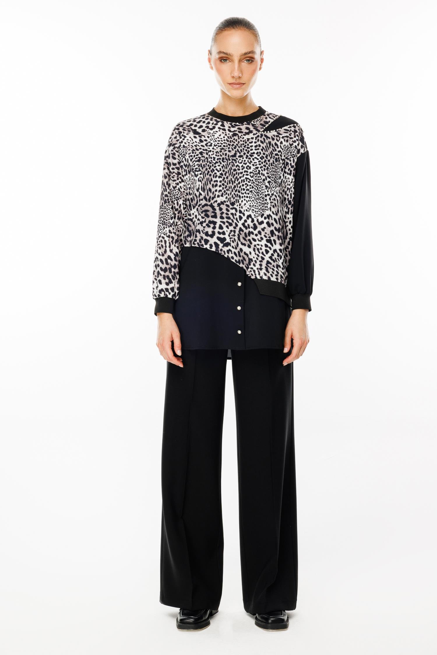 Modailgi  İnci Süslemeli Leopar Desen Tunik Siyah