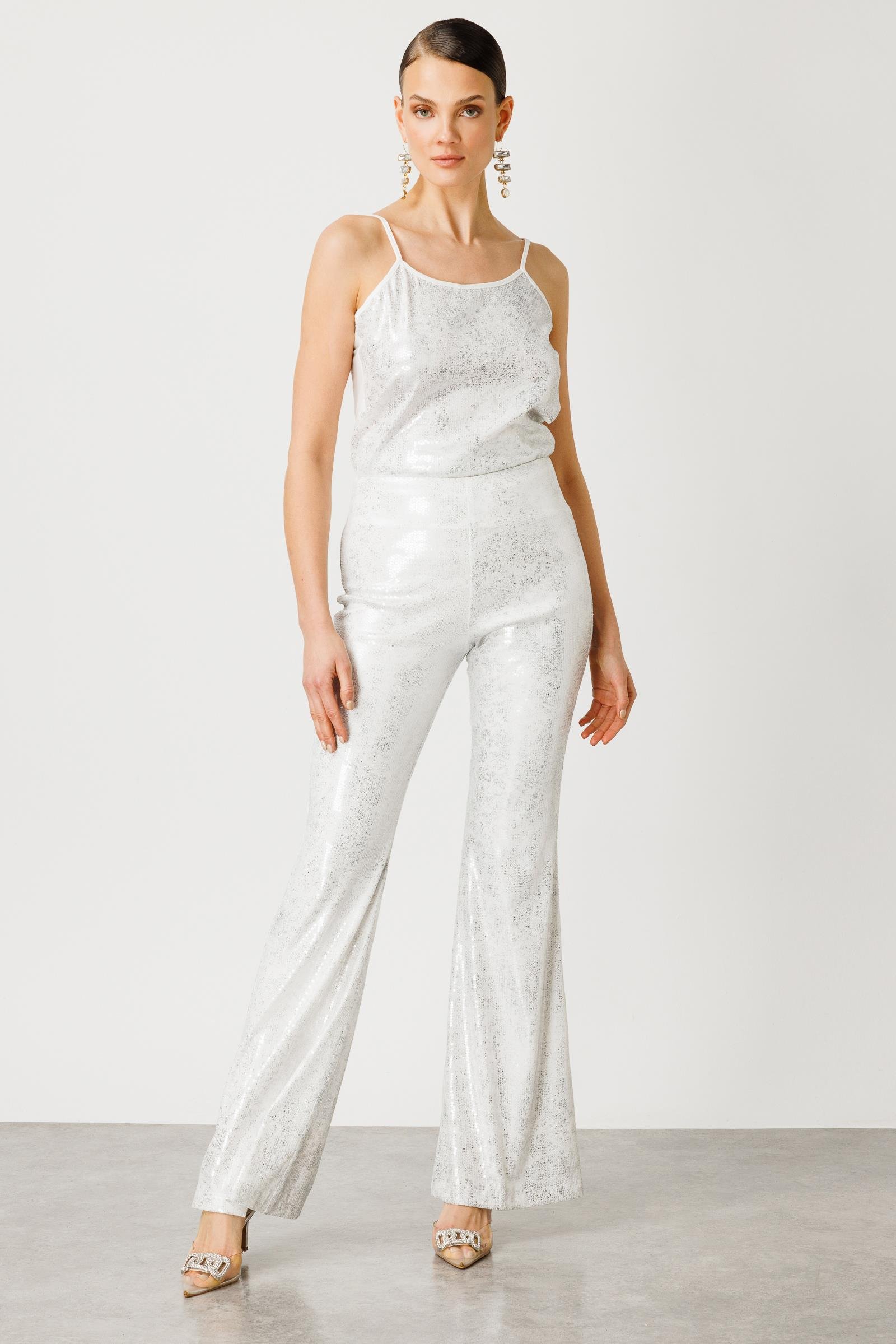 Modailgi  İspanyol Paça Pul Payet Pantolon Ekru