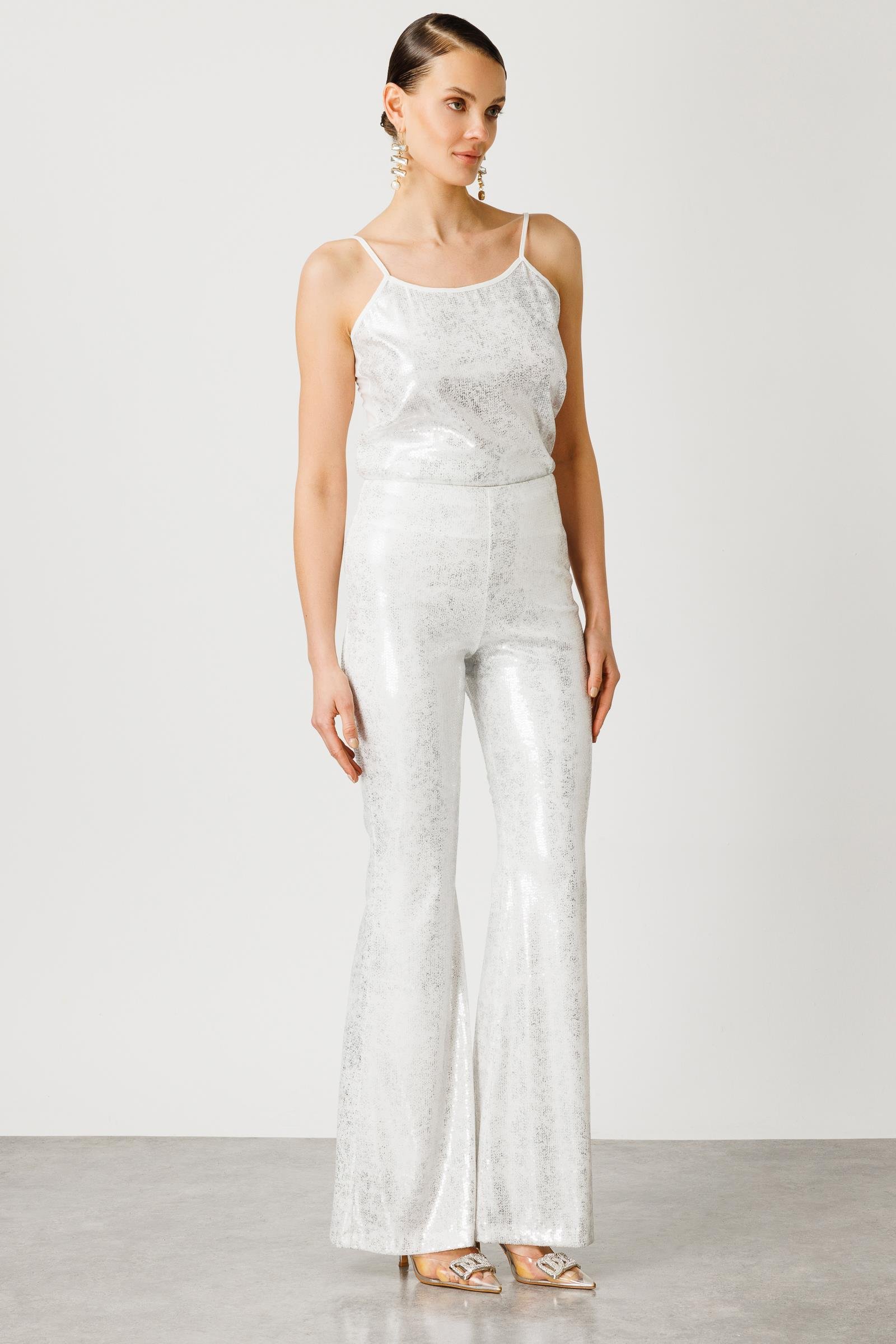 Modailgi  İspanyol Paça Pul Payet Pantolon Ekru