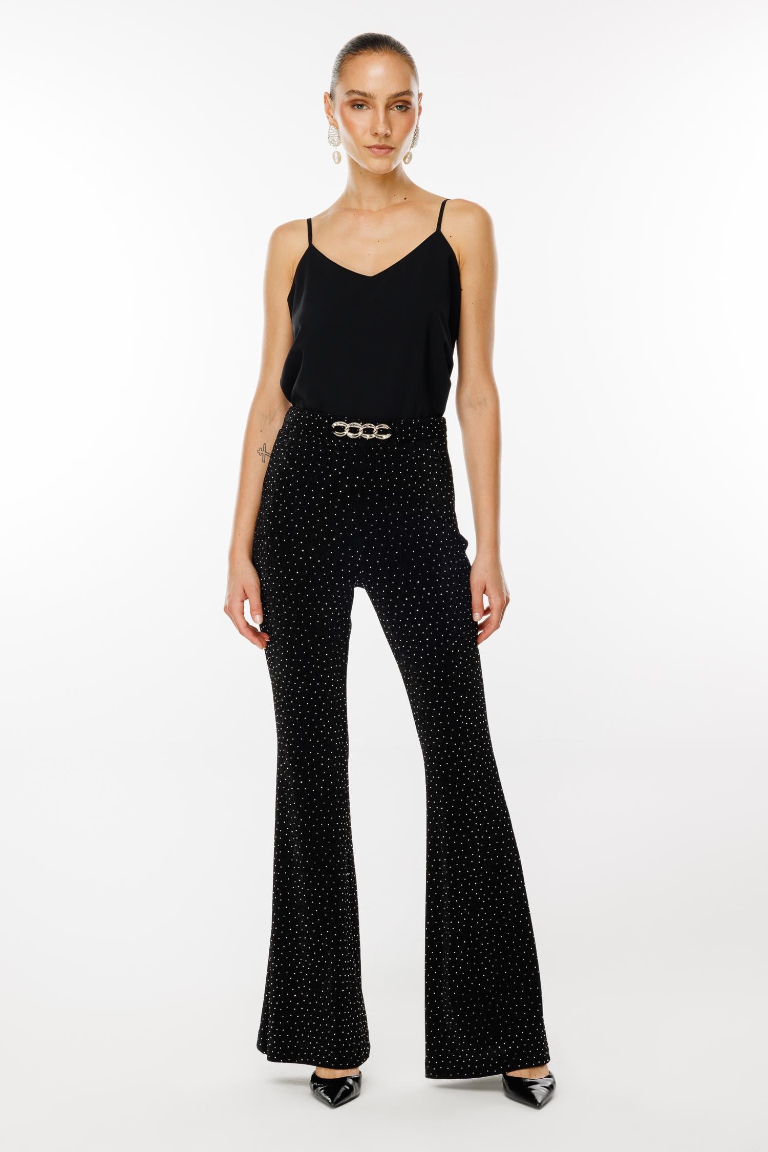 Modailgi  İspanyol Paça Taşlı Örme Pantolon - 7092 Siyah