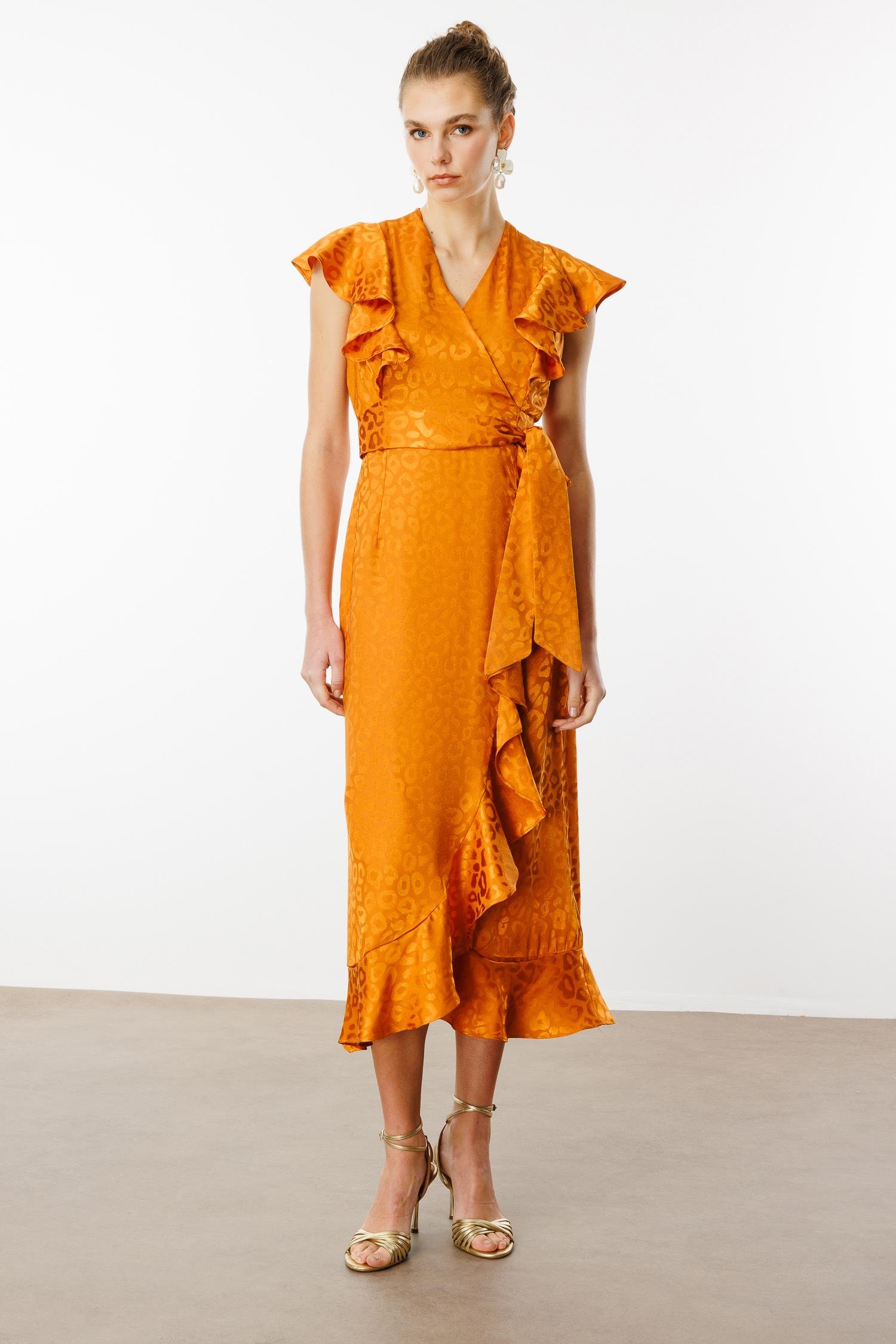 Modailgi  Jakar Desenli Kolsuz Kruvaze Elbise Orange