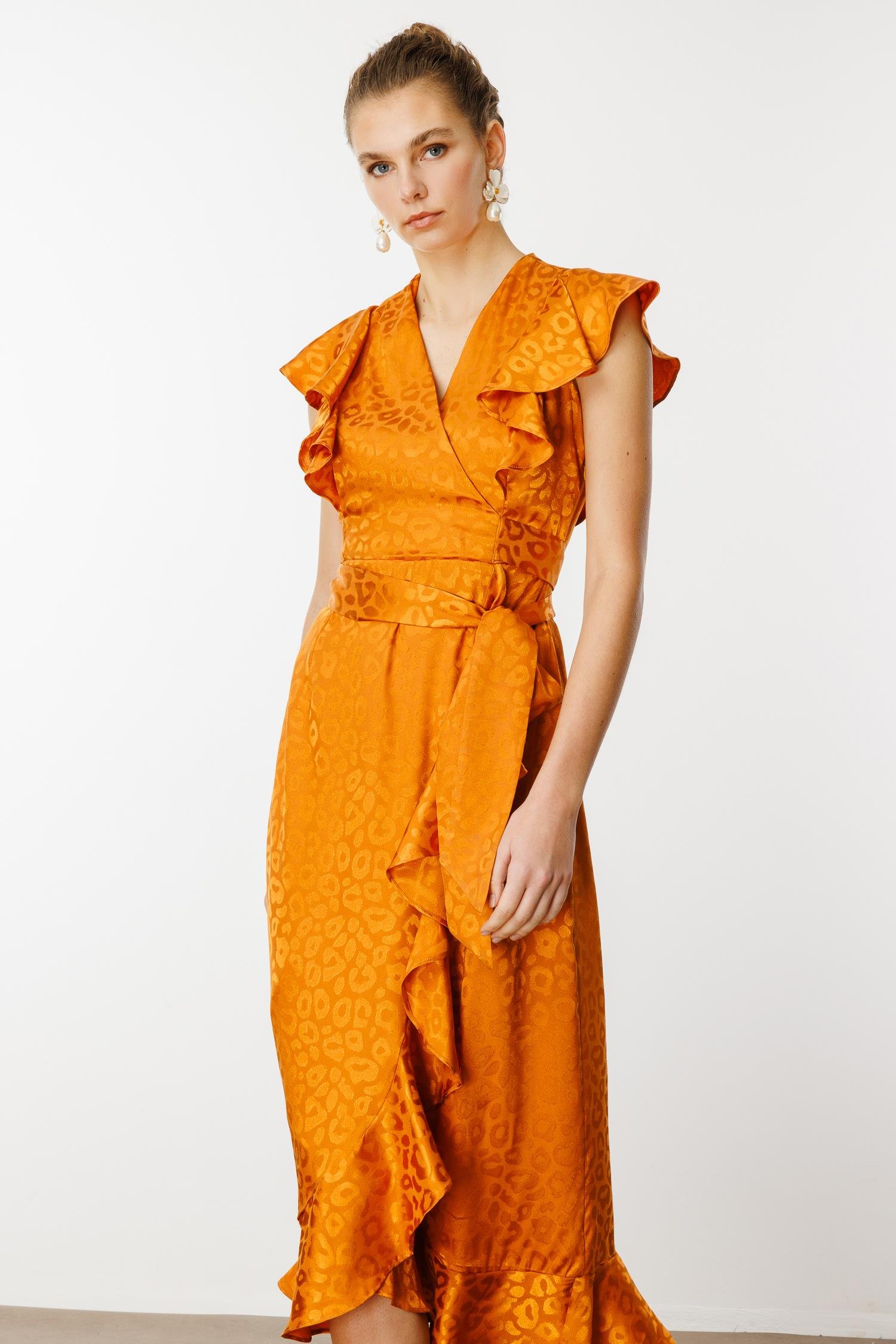 Modailgi  Jakar Desenli Kolsuz Kruvaze Elbise Orange