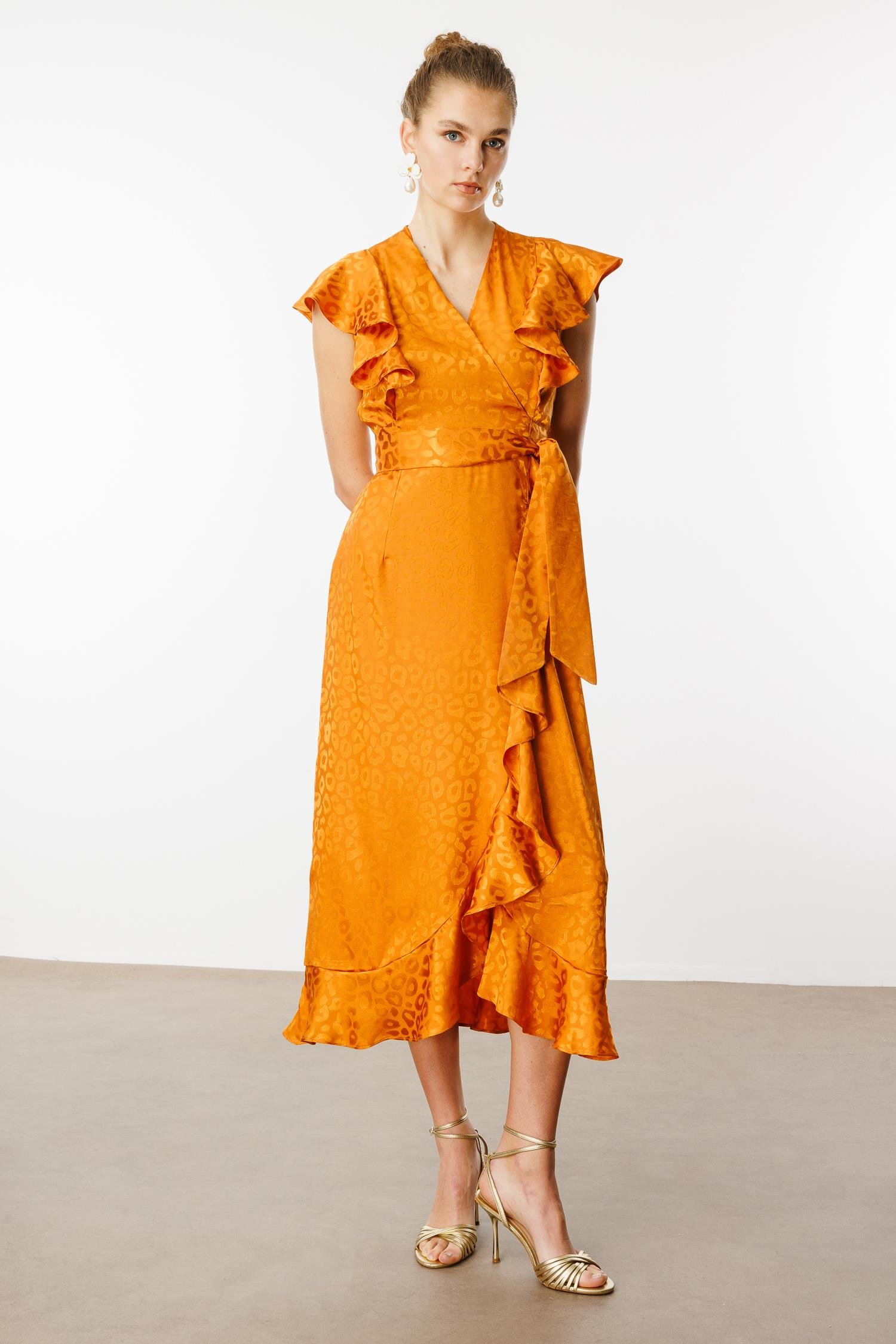 Modailgi  Jakar Desenli Kolsuz Kruvaze Elbise Orange