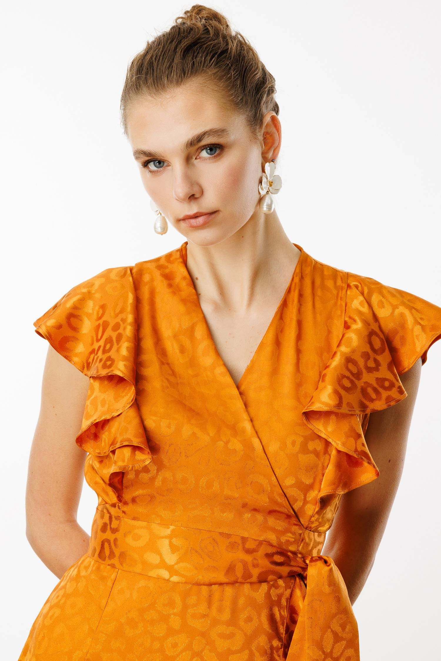 Modailgi  Jakar Desenli Kolsuz Kruvaze Elbise Orange