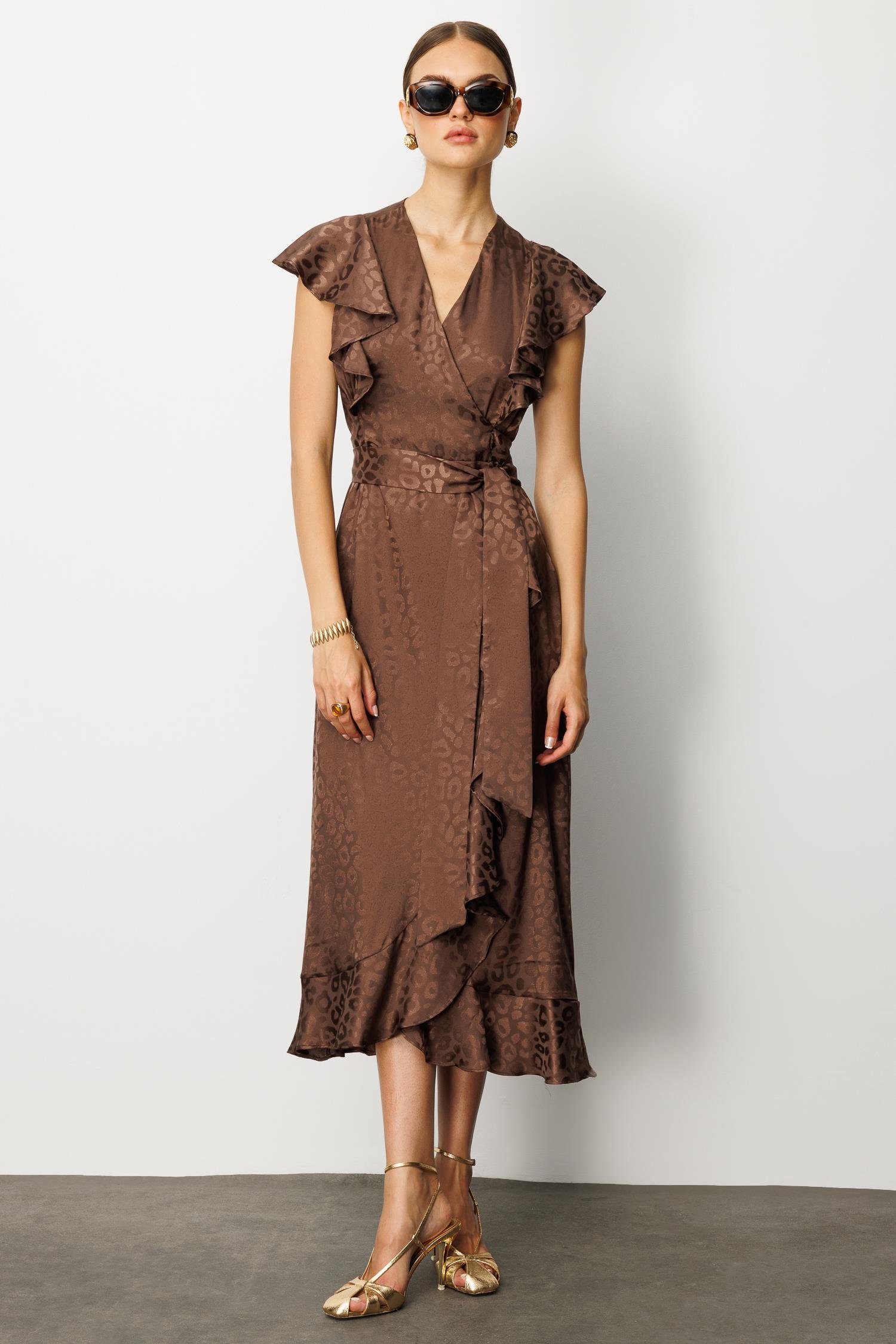 Modailgi  Jakar Desenli Kolsuz Kruvaze Elbise Kahve