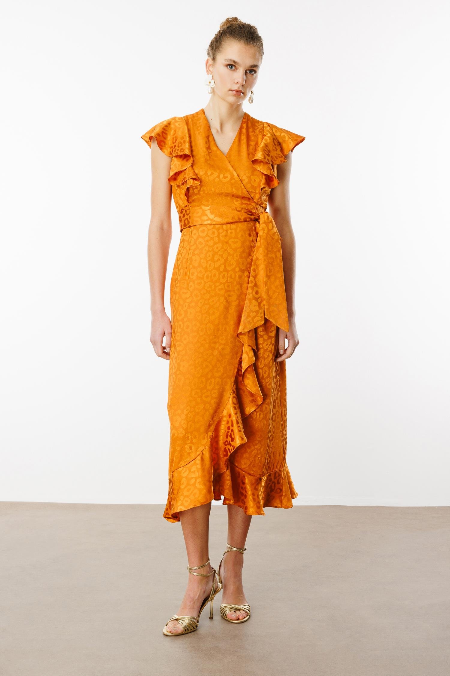 Modailgi  Jakar Desenli Kolsuz Kruvaze Elbise Orange