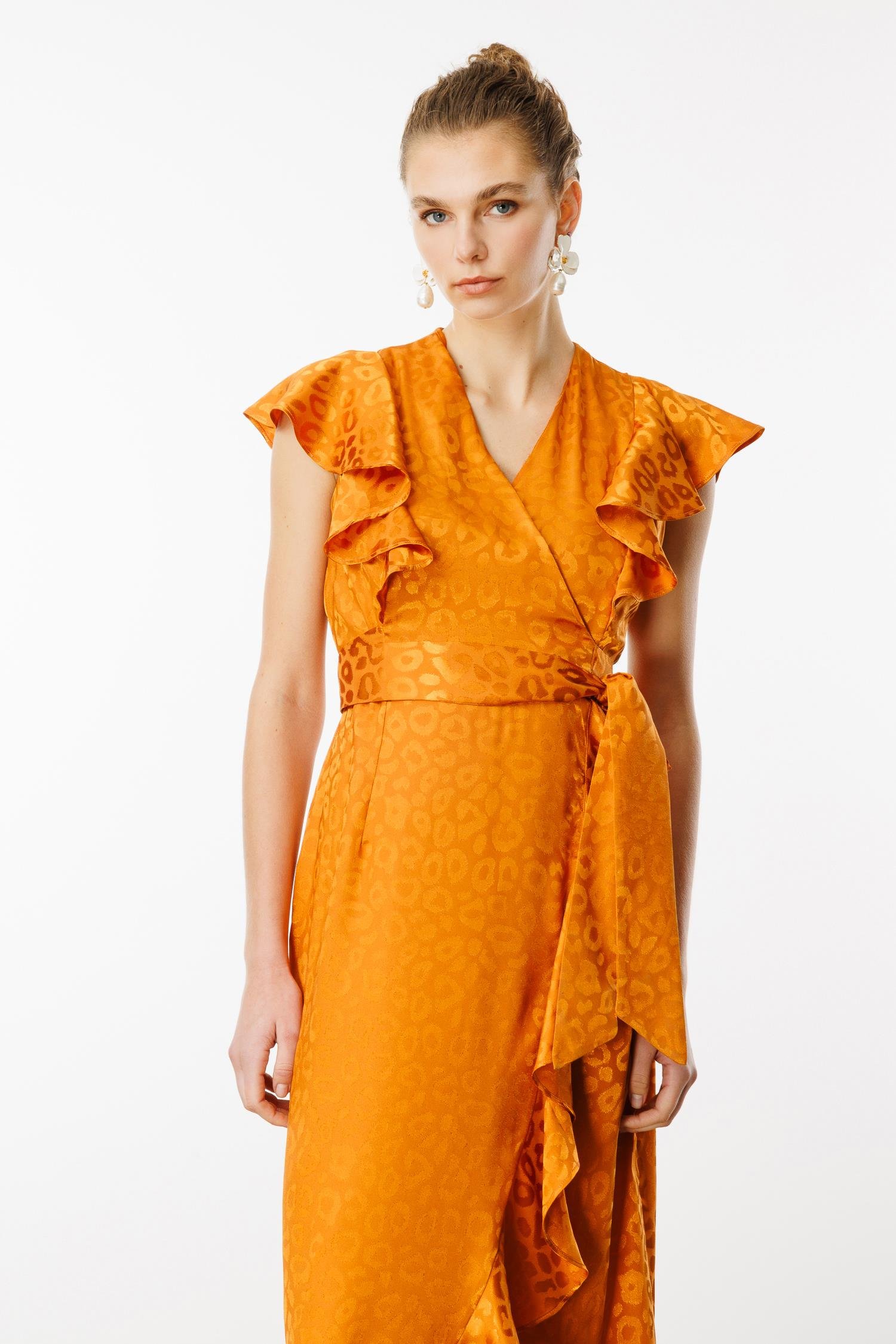 Modailgi  Jakar Desenli Kolsuz Kruvaze Elbise Orange