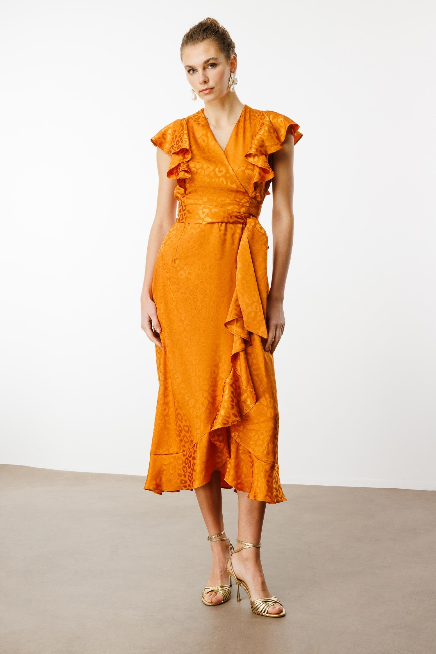 Modailgi  Jakar Desenli Kolsuz Kruvaze Elbise Orange