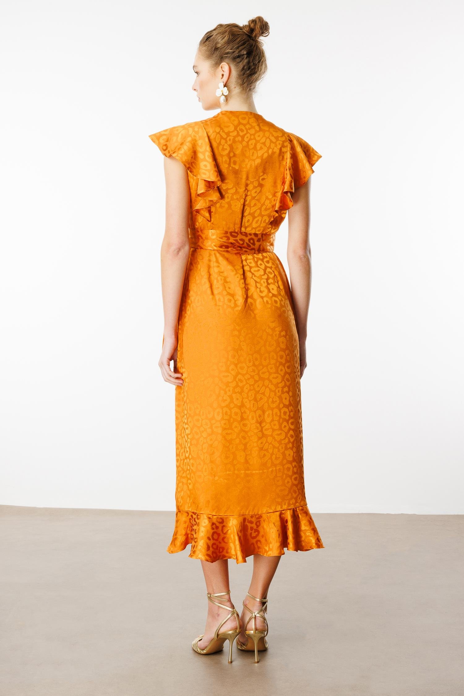 Modailgi  Jakar Desenli Kolsuz Kruvaze Elbise Orange