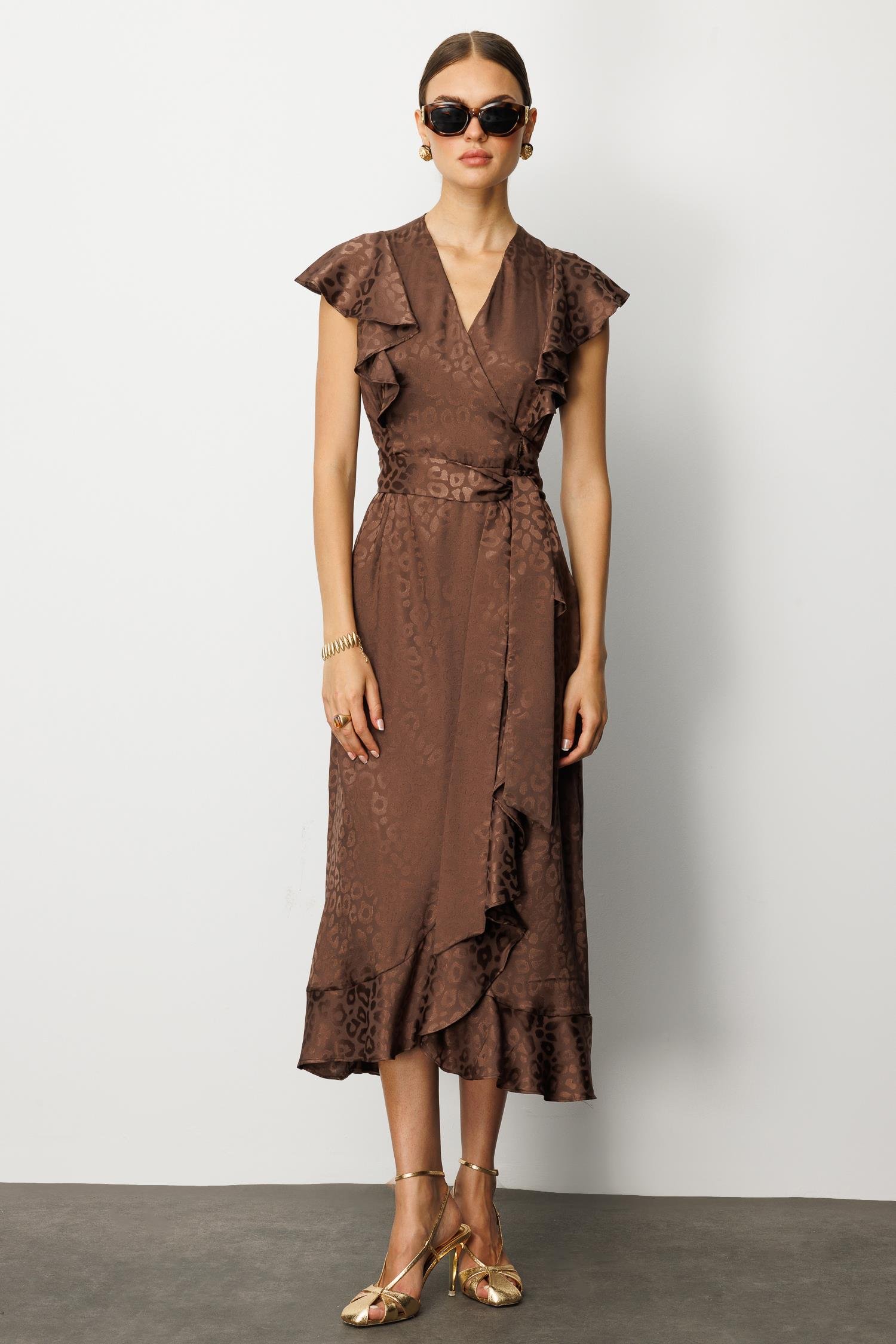 Modailgi  Jakar Desenli Kolsuz Kruvaze Elbise Kahve