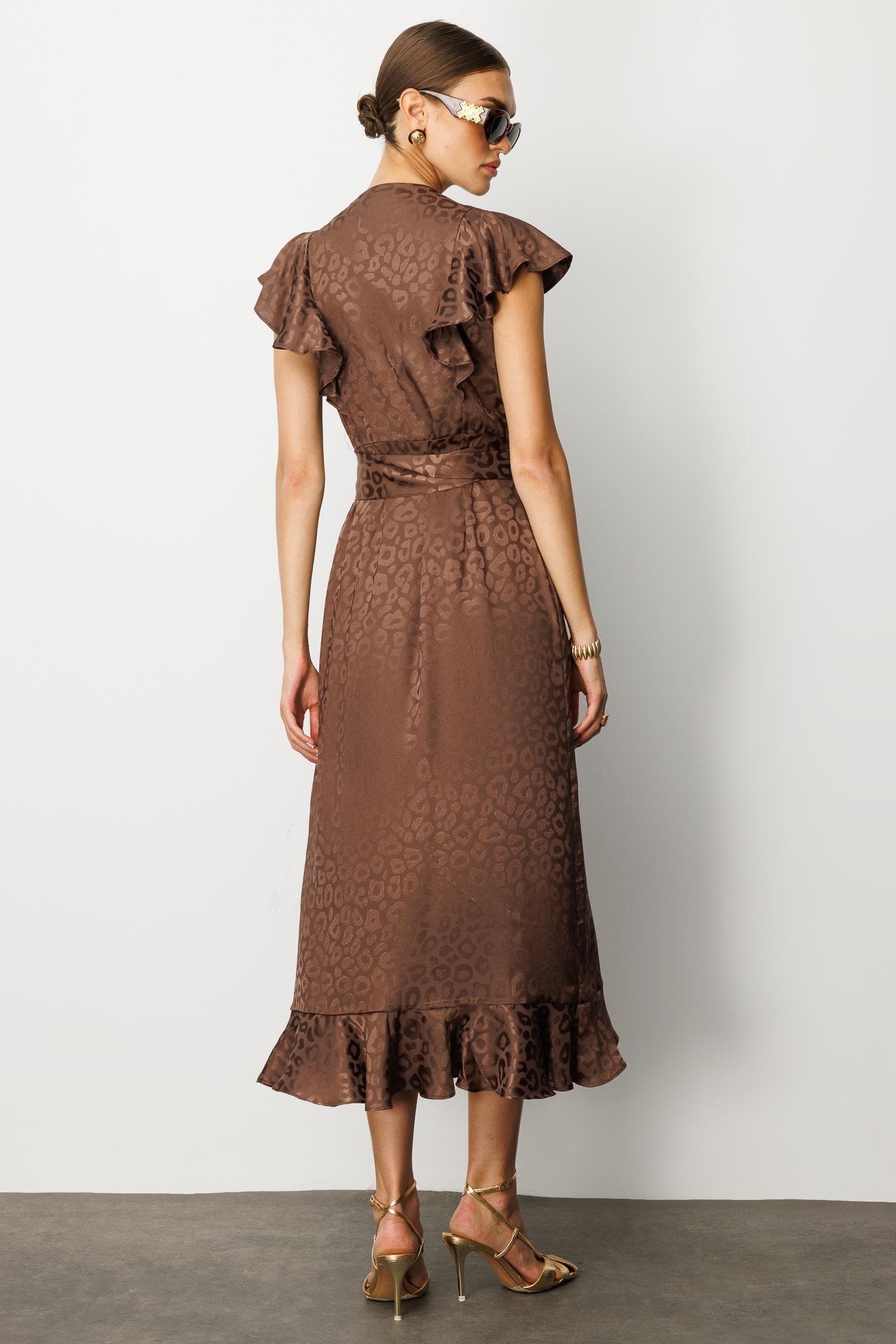Modailgi  Jakar Desenli Kolsuz Kruvaze Elbise Kahve