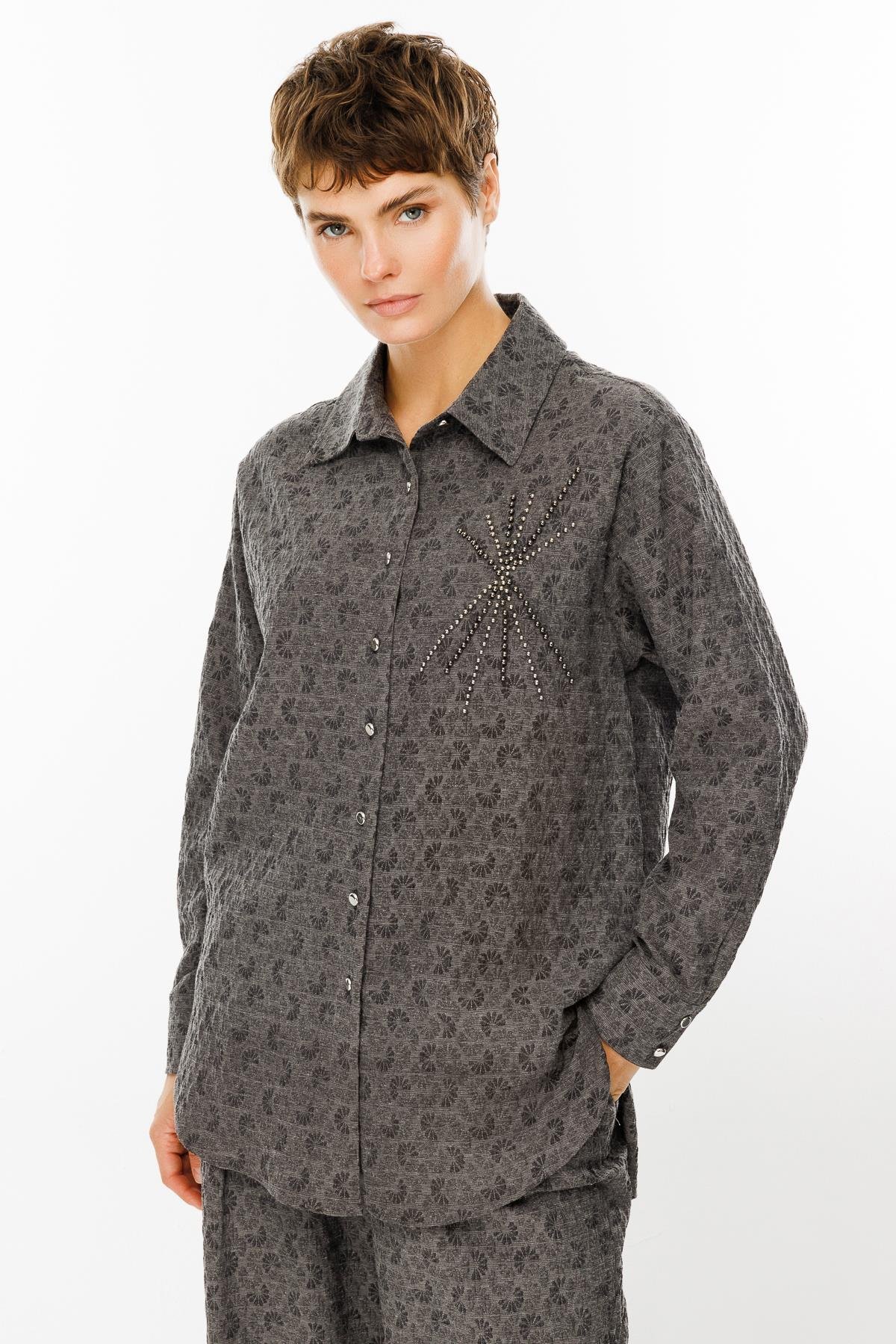 Modailgi  Jakar Kumaşlı Metal Çakma Aksesuarlı Tunik Gri
