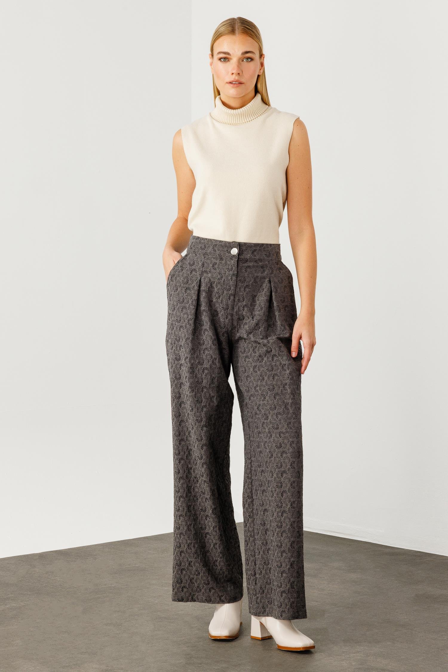 Modailgi  Jakar Kumaşlı Pileli Geniş Paça Pantolon - 7970 Gri