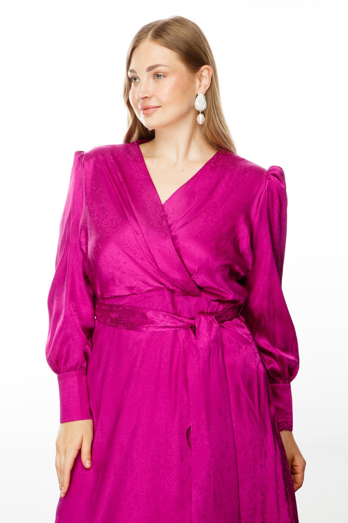 Modailgi  Jakarlı Kruvaze Elbise Fuşya
